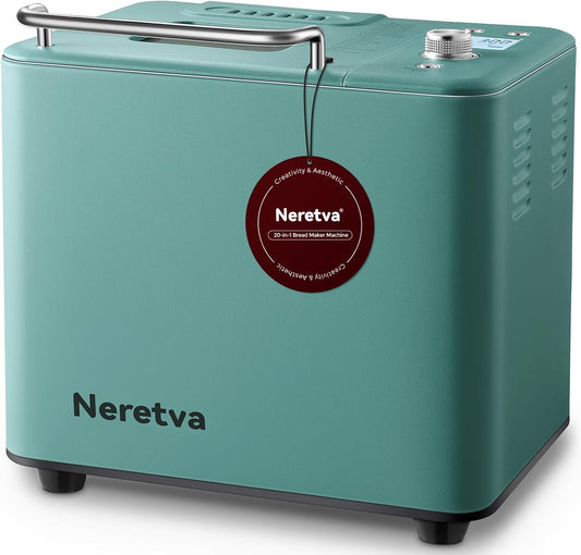 Neretva Bread Maker, 20-IN-1 2LB Bread Machine Dual Heater Bread Maker Machine Automatic with Nonstick Ceramic Pan, 15H Timer & 1H Keep Warm Set, Low Noise, Stainless Steel Breadmaker Recipe-Green