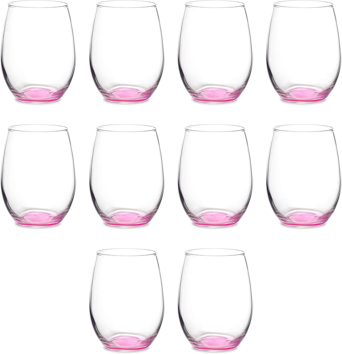 DISCOUNT PROMOS Stemless Wine Glasses in Bulk by ARC Perfection, 15 oz, 10 pack, Red or White Wine Glass Set, Pink