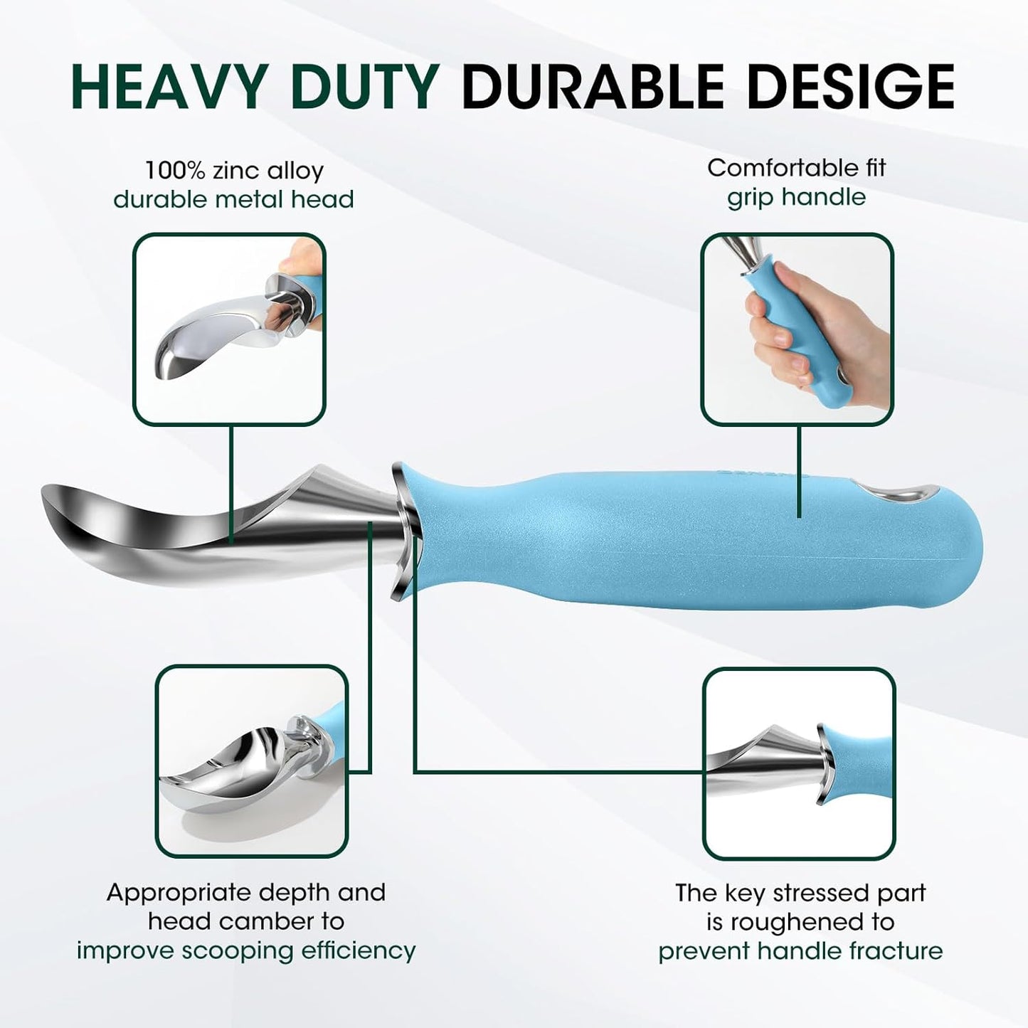 Beneno Heavy Duty Ice Cream Scoop - Upgraded Anti-Fracture Design, Comfortable Grip Long Handle, Effortless Scooping & Dishwasher Safe, Aqua
