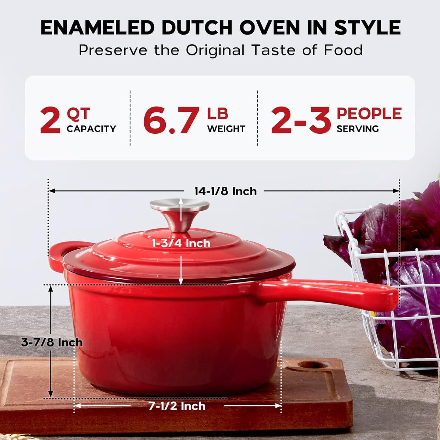 2QT Saucepan with Lid, Onader Enameled Cast Iron Sauce Pan Pot, Small Dutch Oven Cooking Kitchen Pot, Nonstick & Heavy Duty – Red