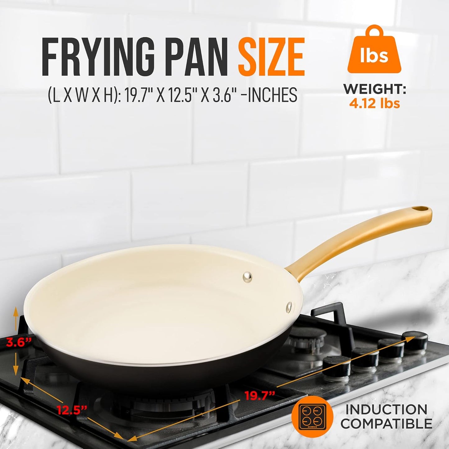 NutriChef 12" Large Ceramic Fry Pan - Non-Stick Ceramic Coated Skillet with Stylish Titanium Handle, Durable, Easy to Clean, Professional Cookware