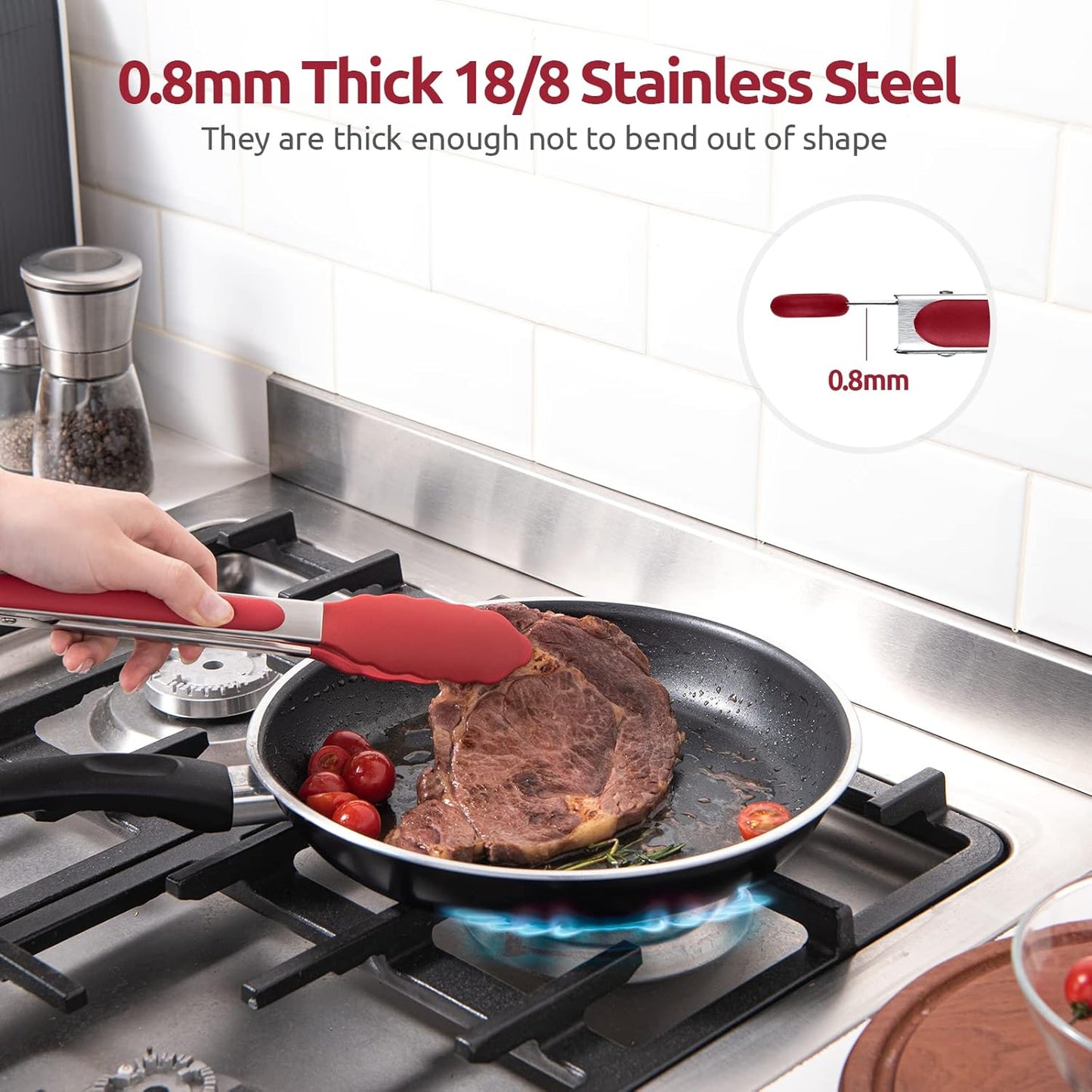 Heat Resistant Silicone Kitchen Tong: U-Taste 9 inch 480ºF Hot Proof Cooking Tong with Firm Sealed Non Stick Rubber Tips & Silicon Coated Steel Handle & Smooth Locking for Serving Grill Salad (Red)