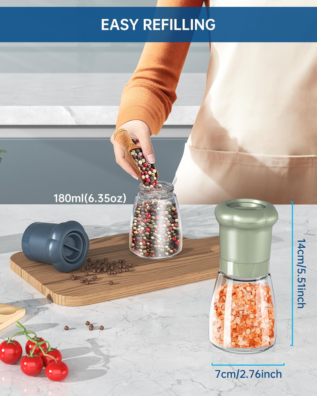CIRCLE JOY Manual Salt and Pepper Grinder Set For Professional Chef, Refillable Salt and Pepper Shakers with Ceramic Blades, Adjustable Coarseness and BPA-free 180ml Glass Container, Short Blue