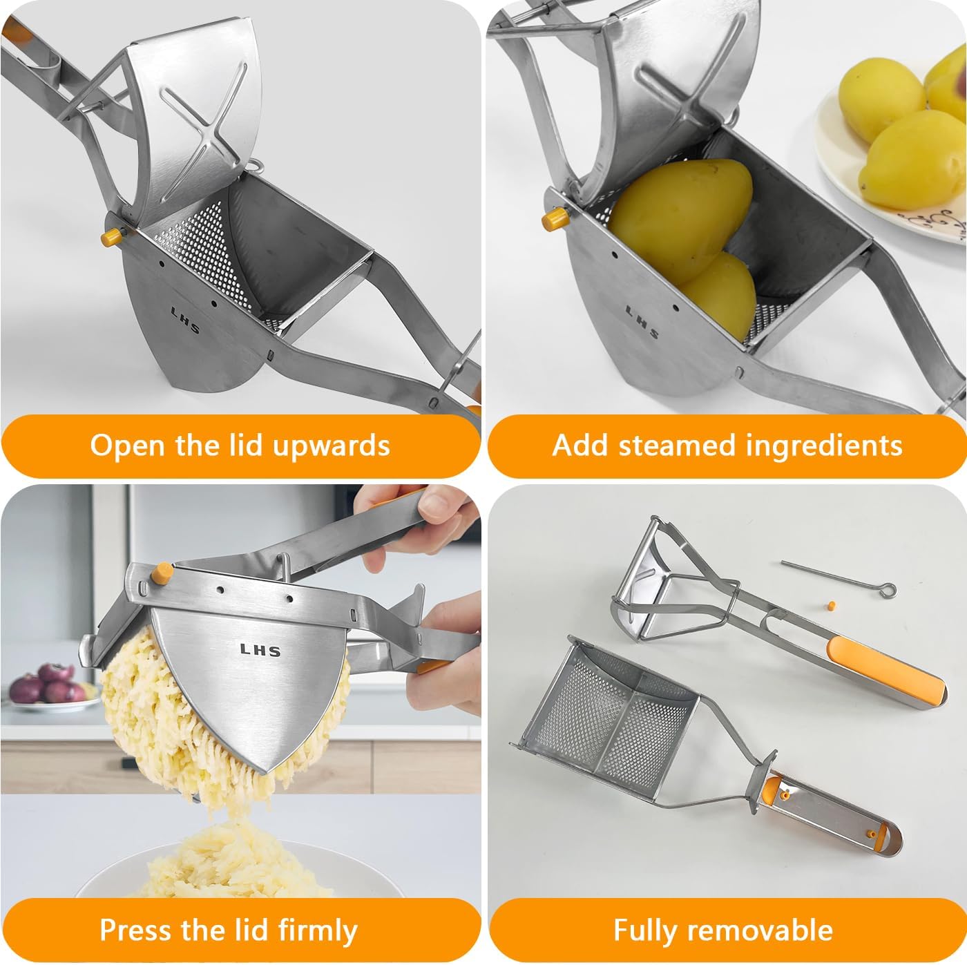 LHS Stainless Steel Potato Ricer and Masher, Heavy Duty Commercial Food Masher, Ergonomic Comfort Grip, Extra Large Capacity, Dishwasher Safe (Orange)