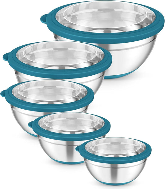 TeamFar Mixing Bowls, 5PCS Stainless Steel Serving Salad Bowls with Lids, For Kitchen Mixing/Baking/Storing/Prepping, Visible & Airtight, Non-Slip Bottom - 4.6/3.5/1.5/1 / 0.7 QT, Dark Blue