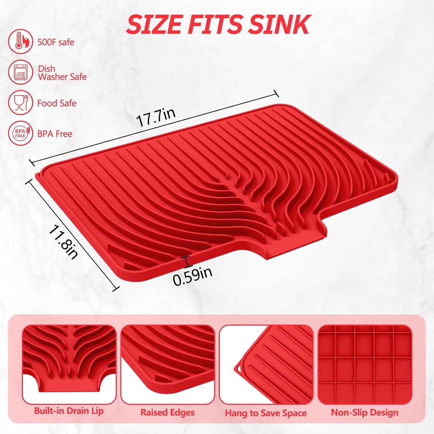 Silicone Dish Drying Mat for Kitchen Counter with Built-in Drain, Easy Clean Pad for Countertop Protection, Fast Self-Draining Slope, Non-Slip, Multiple Use 17.7 x 11.8 Inch ( Red)
