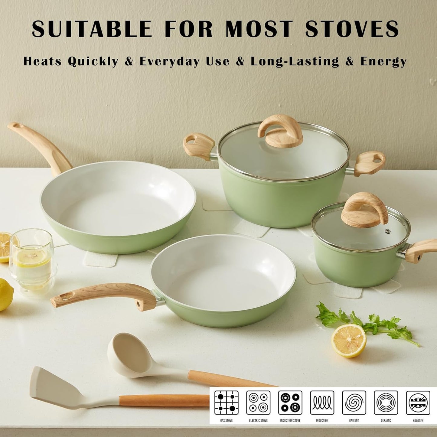 Green Non Stick Pots and Pans Set, Healthy Ceramic Cookware Set, 12pcs Kitchen Cooking Pots and Frying Sauce Saute Pans Set, PFAS-Free with Kitchen Utensils and Lid, Avocado