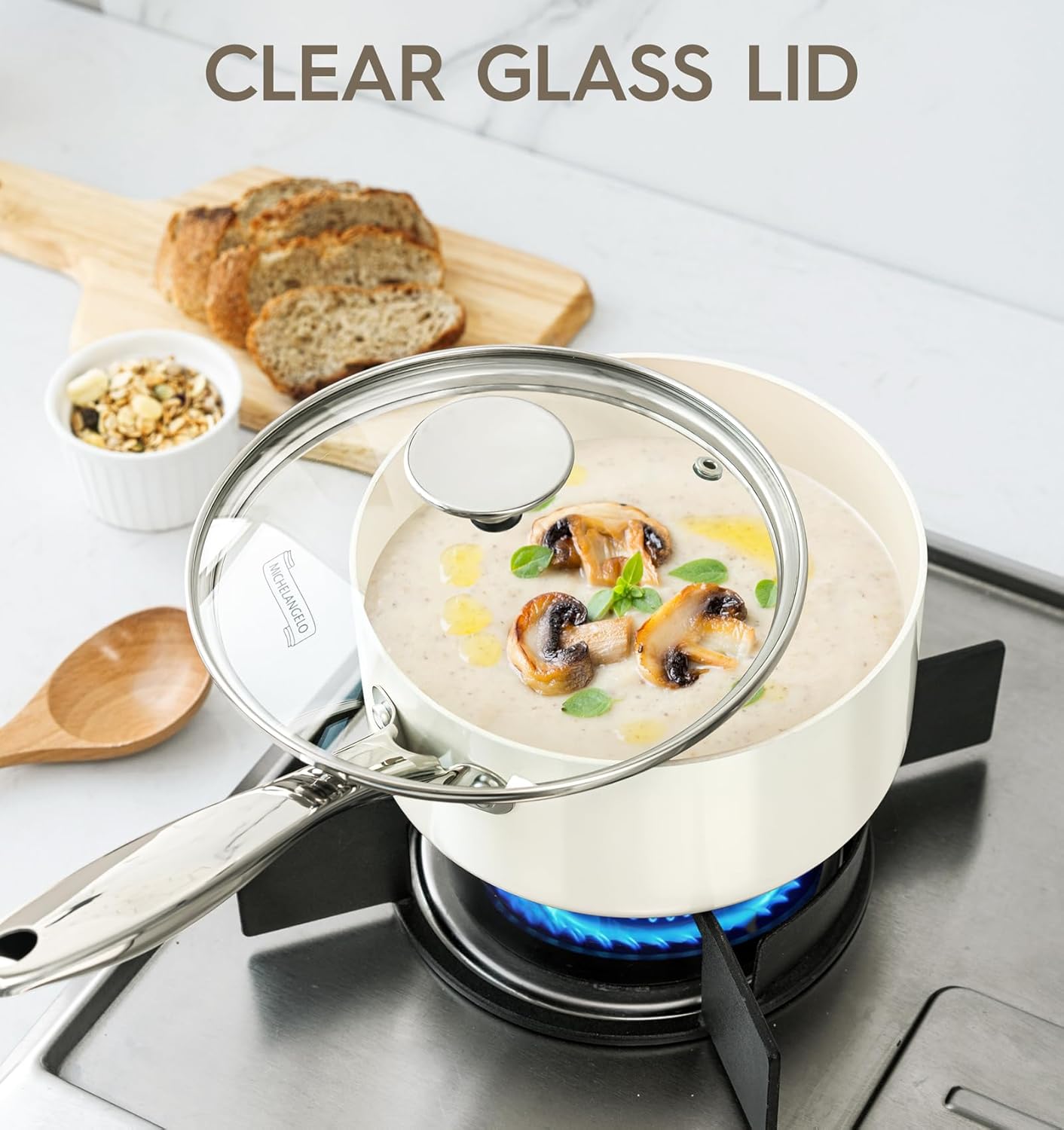 MICHELANGELO 3 Quart Saucepan with Lid, Induction Saucepan with Non-Toxic Ceramic Coating, Nonstick Sauce pan, 3 Qt Sauce pans with Lid, Oven Safe