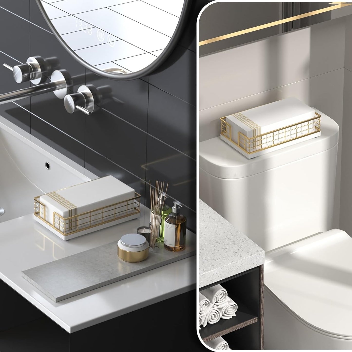 Wican Guest Towel Holder Tray for Bathroom, Oak and Iron Napkins Holder for Powder Room Dinning Table Wooden Basket for Disposable Paper Hand Towels Gold and White