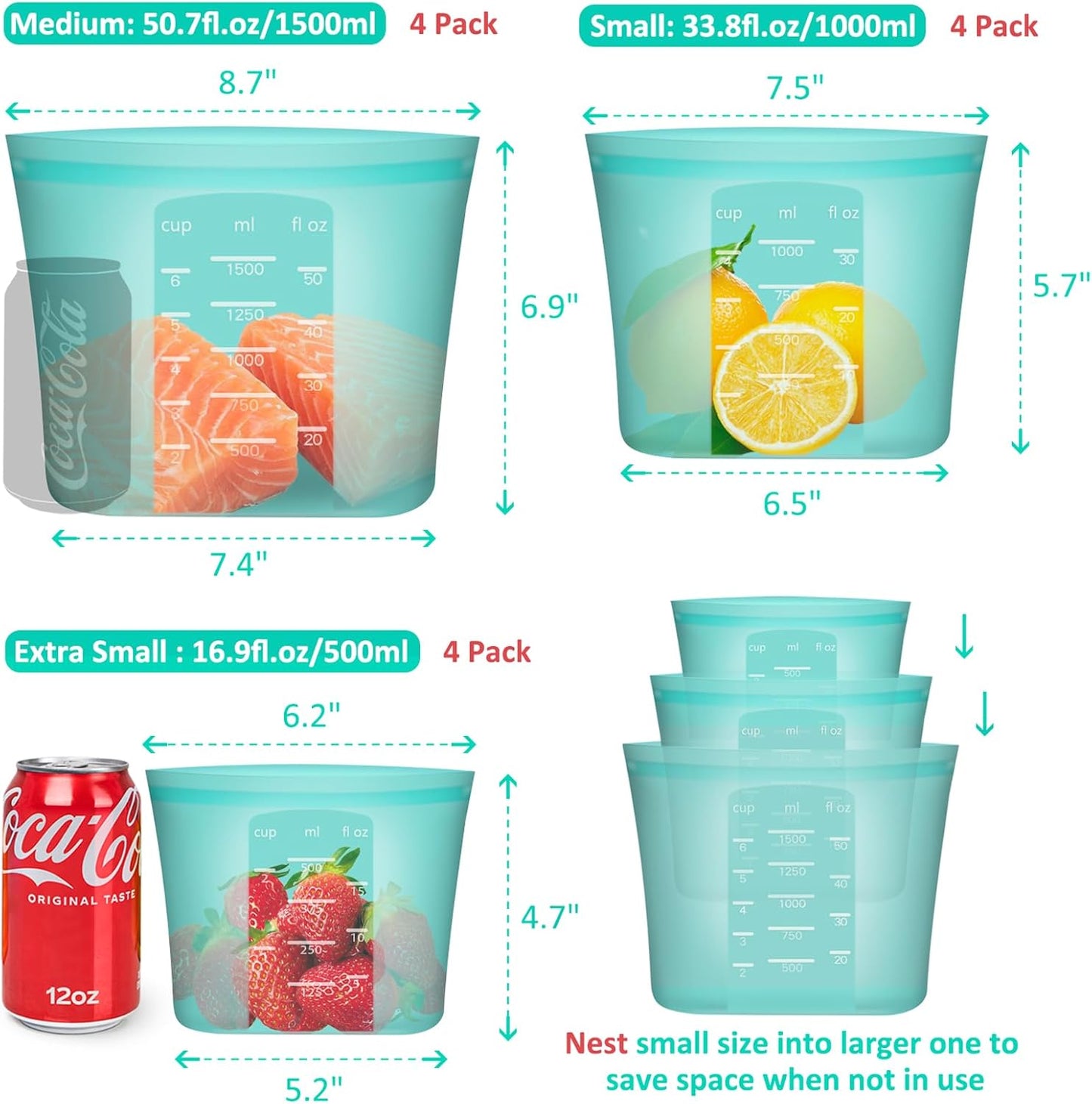 Reusable Food Bags, 12 Pack 100% Silicone Food Storage Bags Stand Up Zip Lock Container, Freezer Microwave Oven Dishwasher Safe, 4 Medium 4 Small 4 Extra Small, Aqua