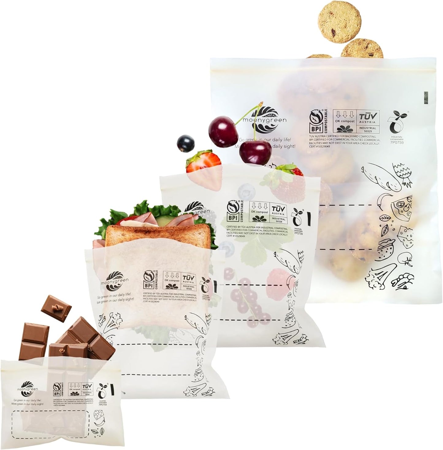 Compostable Food Storage Bags, Resealable, 50 Snack, 50 Sandwich, 30 Quart, 30 Gallon, Extra Thick, Certified US BPI ASTM D6400 Europe OK Compost