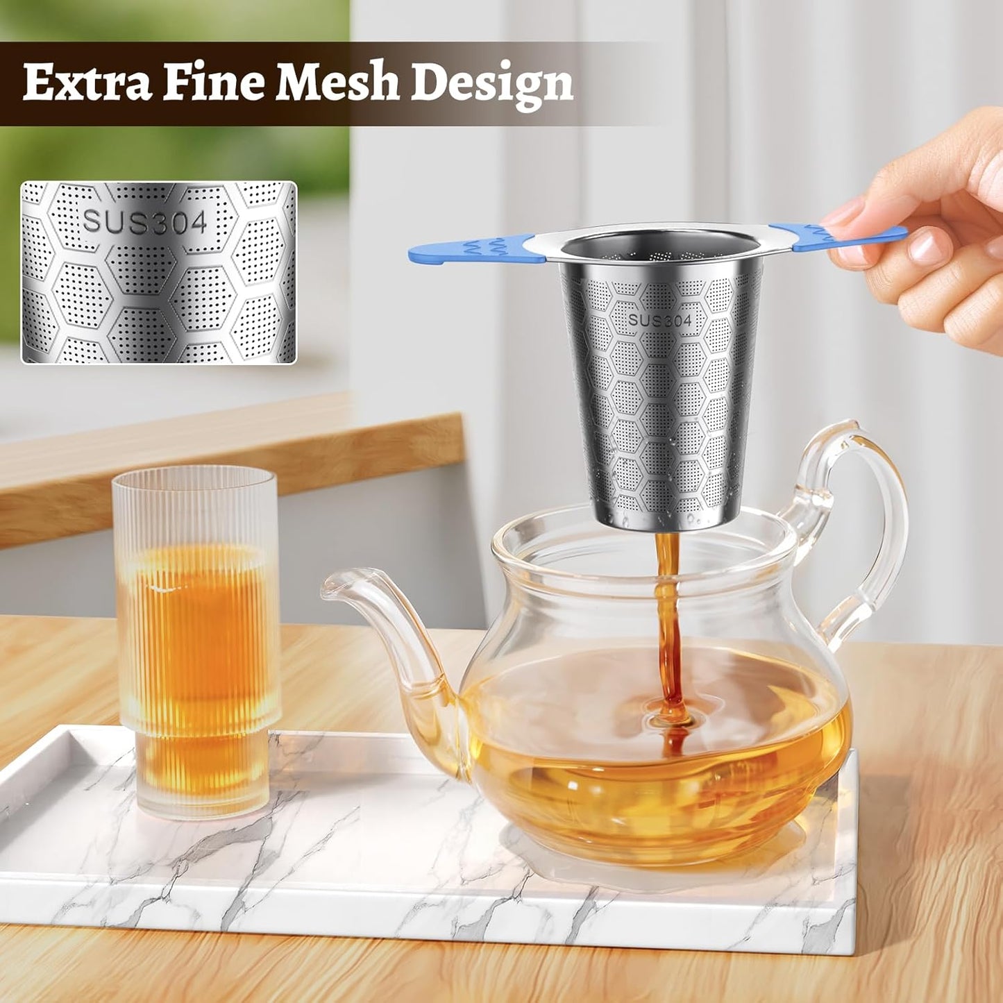 Tea Infuser for Loose Leaf Tea,18/8 Stainless Steel Tea Infuser with Heat Proof Silicone Handles,Extra Fine Mesh Tea Strainers Filter Fine Tea Leaves Effectively,Fits TeaPots/Mugs -Blue