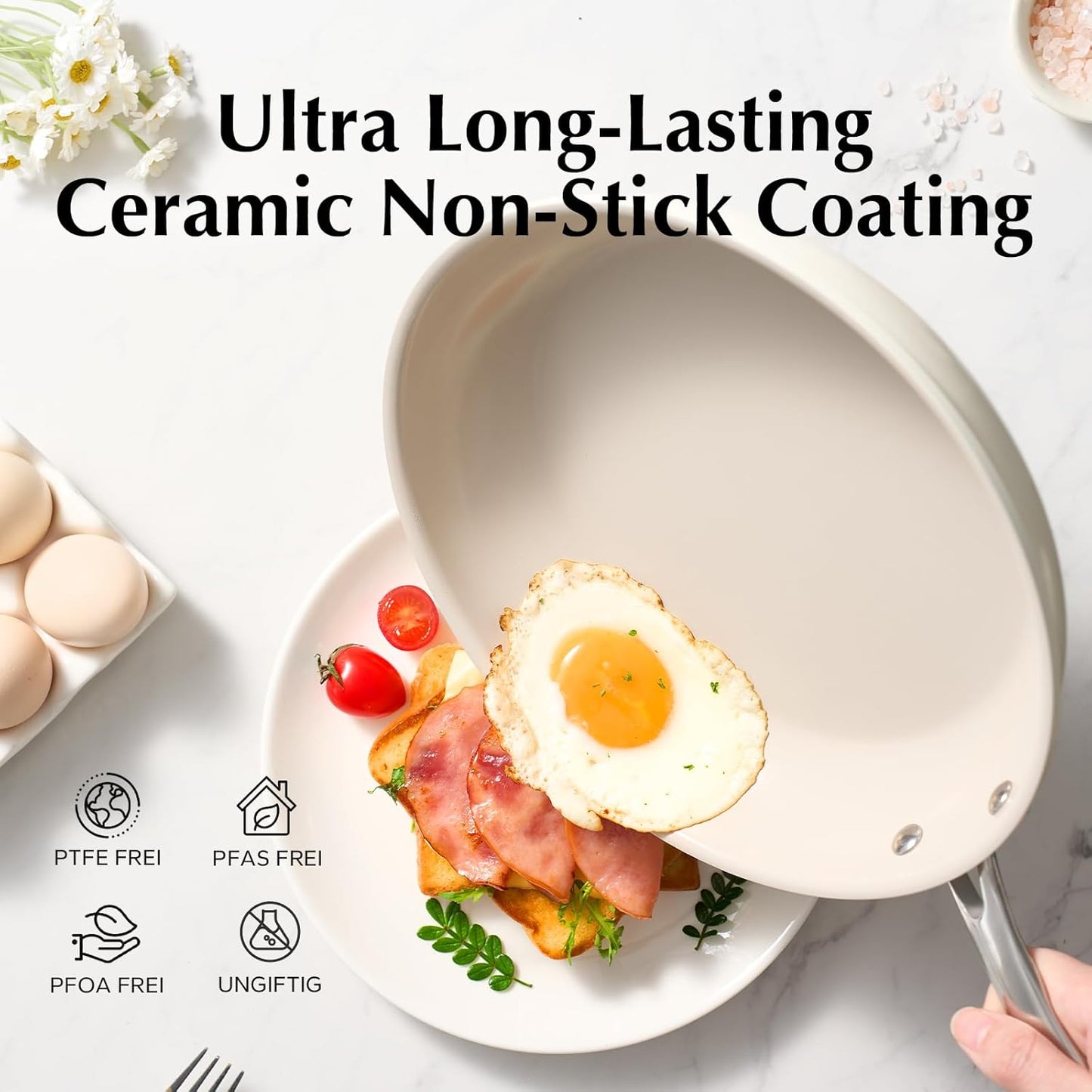 Redchef Nonstick Frying Pans Set, Ceramic Pan Skillet, Non Toxic Pans for Cooking, 8" 9.5" 11" Ceramic Frying Pan Set PFAS & PTFE & PFOA Free with Stay Cool Handle, Dishwasher & Oven Safe, Beige White