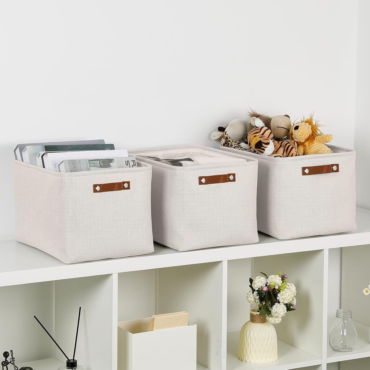 HNZIGE Large Fabric Storage Basket Organizers (3 PCS), Foldable Decorative Shelf Baskets with Leather Handles (Cream, 15" x 11" x 9.5")