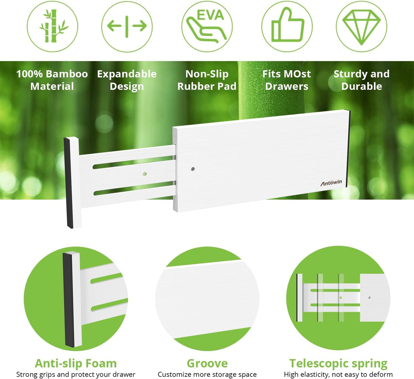 ANTOWIN 4 Pack Expandable Drawer Dividers, 4.7'' High, Extend from 12.2'' to 17.7'', Dresser Drawer Organizers, Bamboo Separators for Kitchen, Bedroom, Office, Bathroom (White)