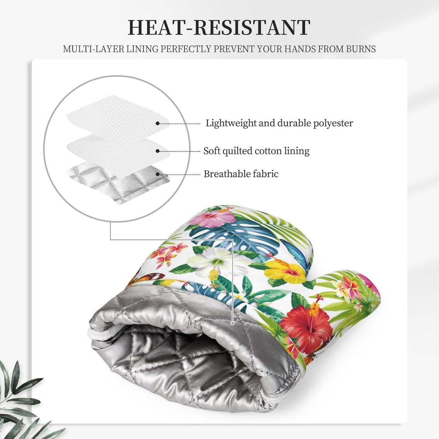 Tropical Floral Flower Leaves Butterfly Oven Mitts and Pot Holders Set of 4 Silicone Kitchen Mitten Gloves and Non-Slip Potholders Set Heat Resistant Oven Gloves Hot Holders for Kitchen