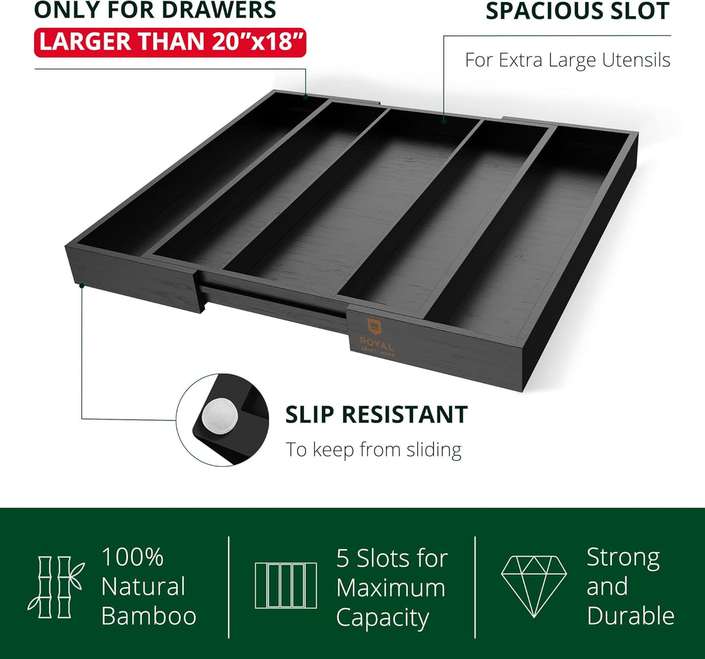 ROYAL CRAFT WOOD Luxury Bamboo Kitchen Drawer Organizer - Silverware Organizer - Utensil Holder and Cutlery Tray with Grooved Drawer Dividers for Flatware and Kitchen Utensils (5 Slot, Black)