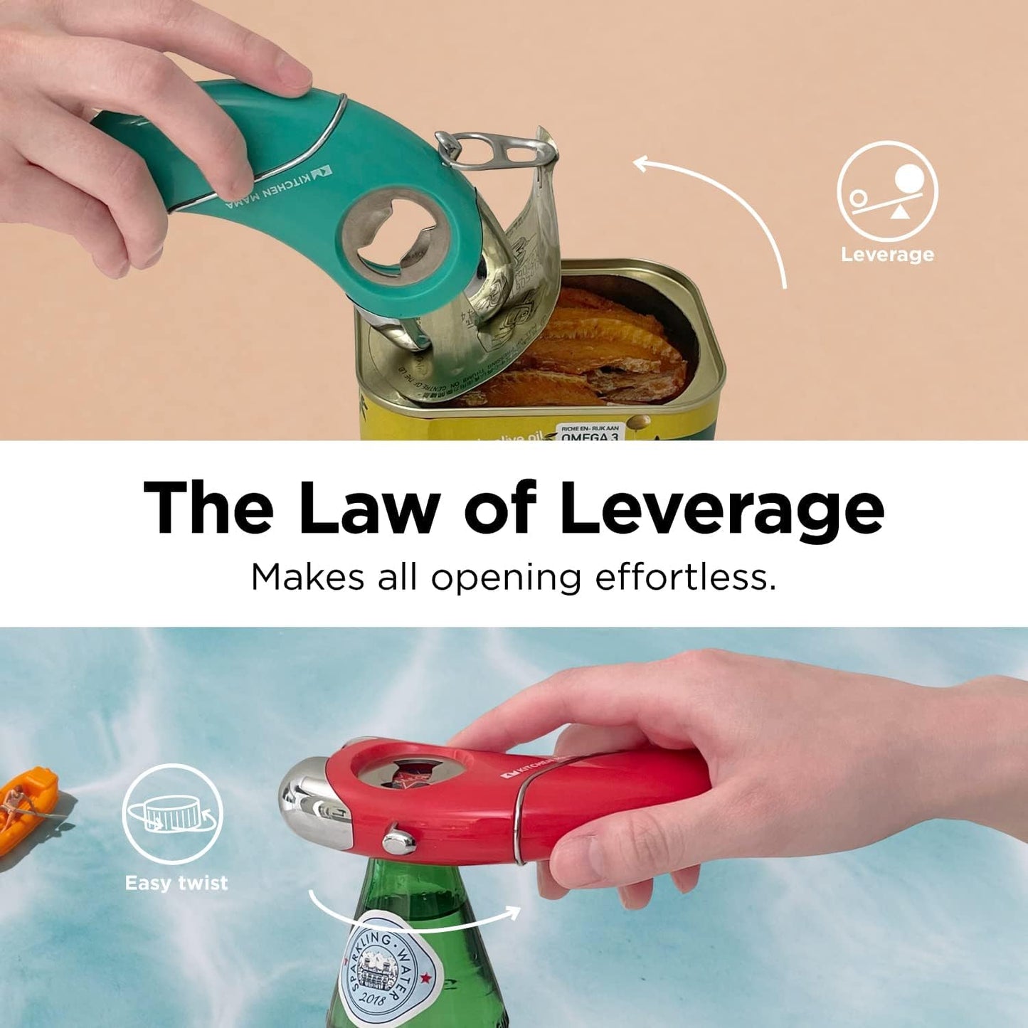 Kitchen Mama Epic One Multifunction Opener: Magnetic Bottle Opener, Beer Soda Opener, Effortless Jar Lid Opener for Seniors and Elderly with weak Hands and Arthritis, Essential Kitchen Gadget (Red)