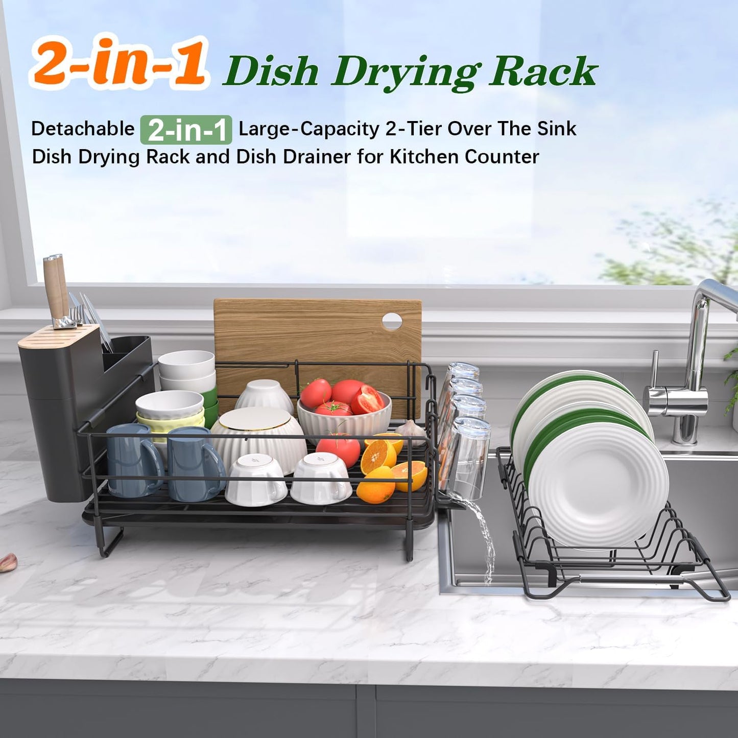 Runnatal 2-Tier Dish Drying Rack with Drainboard Set, Stainless Steel Detachable 2-in-1 Large-Capacity 2-Tier Over The Sink Anti-Rust Dish Rack and Dish Drainer for All Kitchen