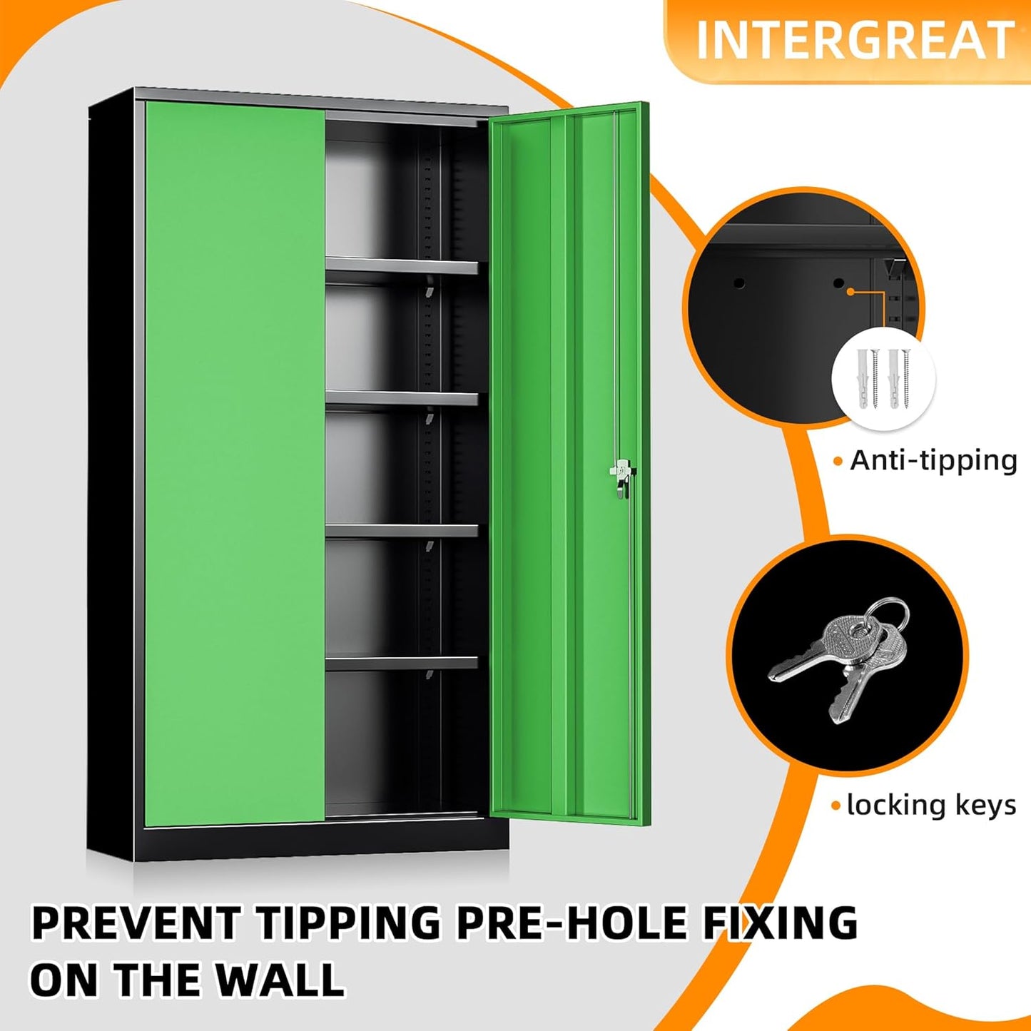 INTERGREAT Storage Cabinet, 72” Steel Locking Closet with Doors and 4 Adjustable Shelves, Tool Unit for Home Office, Garage & Tall Lockable File Cabinet, Black Green.