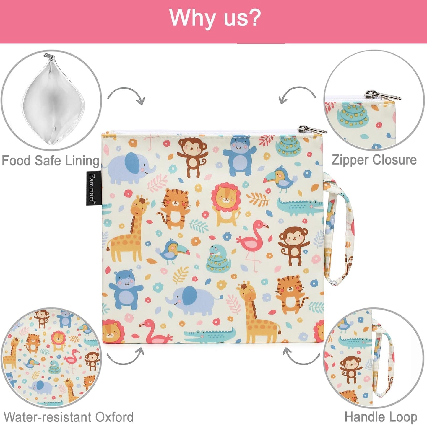 Reusable Sandwich Bag/Snack Bag for Kids & Adults, Dual Layer Lunch Bag with Handle, Washable, Food Safe, BPA Free (2-Pack, Zoo)