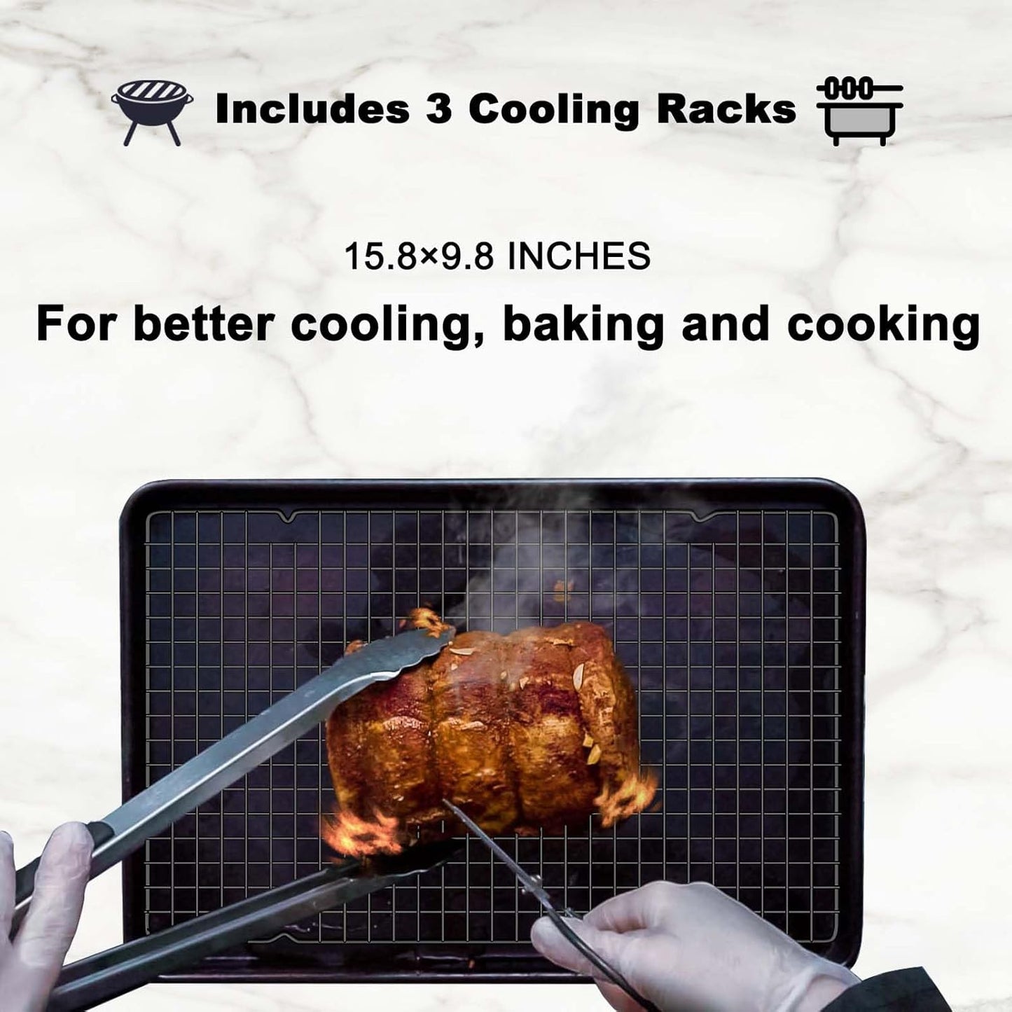 15.8”×9.8” Cooling Rack, 3P Stainless Steel Baking Rack, Oven Safe Cooling Racks for Cooking and Baking, Black Roasting Rack & Wire Rack & Cookie Cooling Rack for Roasting, Grilling, Drying