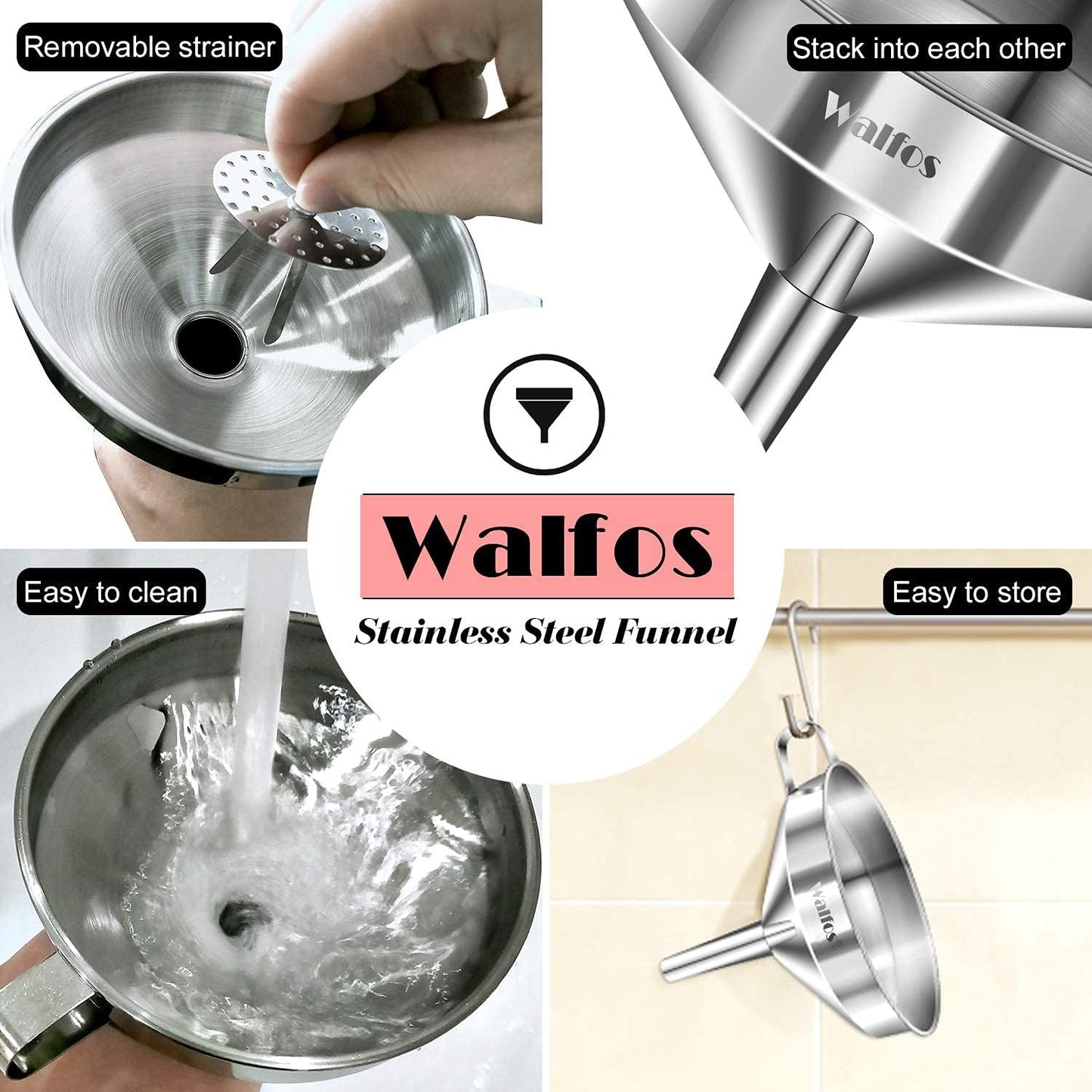 Large Stainless Steel Funnel, Walfos Kitchen Funnel with 2 Removable Strainer ＆ 1Pc Cleaning Brush, Perfect for Transferring of Liquid, Oils, Jam, Dry Ingredients & Powder (Big, 5.7")