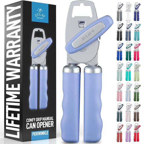Zulay Kitchen Heavy Duty Stainless Steel Can Opener Manual with Bottle Opener - Rust Proof Manual Can Opener With Turn Knob & Comfy Soft Grip Handles - Periwinkle