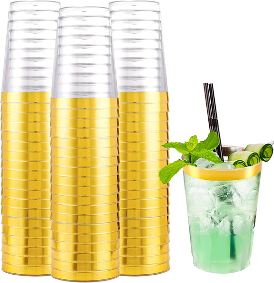 I00000 200 Pack Gold Plastic Cups, 10 oz Clear Plastic Cups Gold Rimmed Disposable Wine Glasses Fancy Disposable Party Cups Wedding Cups Drinking Tumblers Plastic Cocktail Glasses with Gold Rim