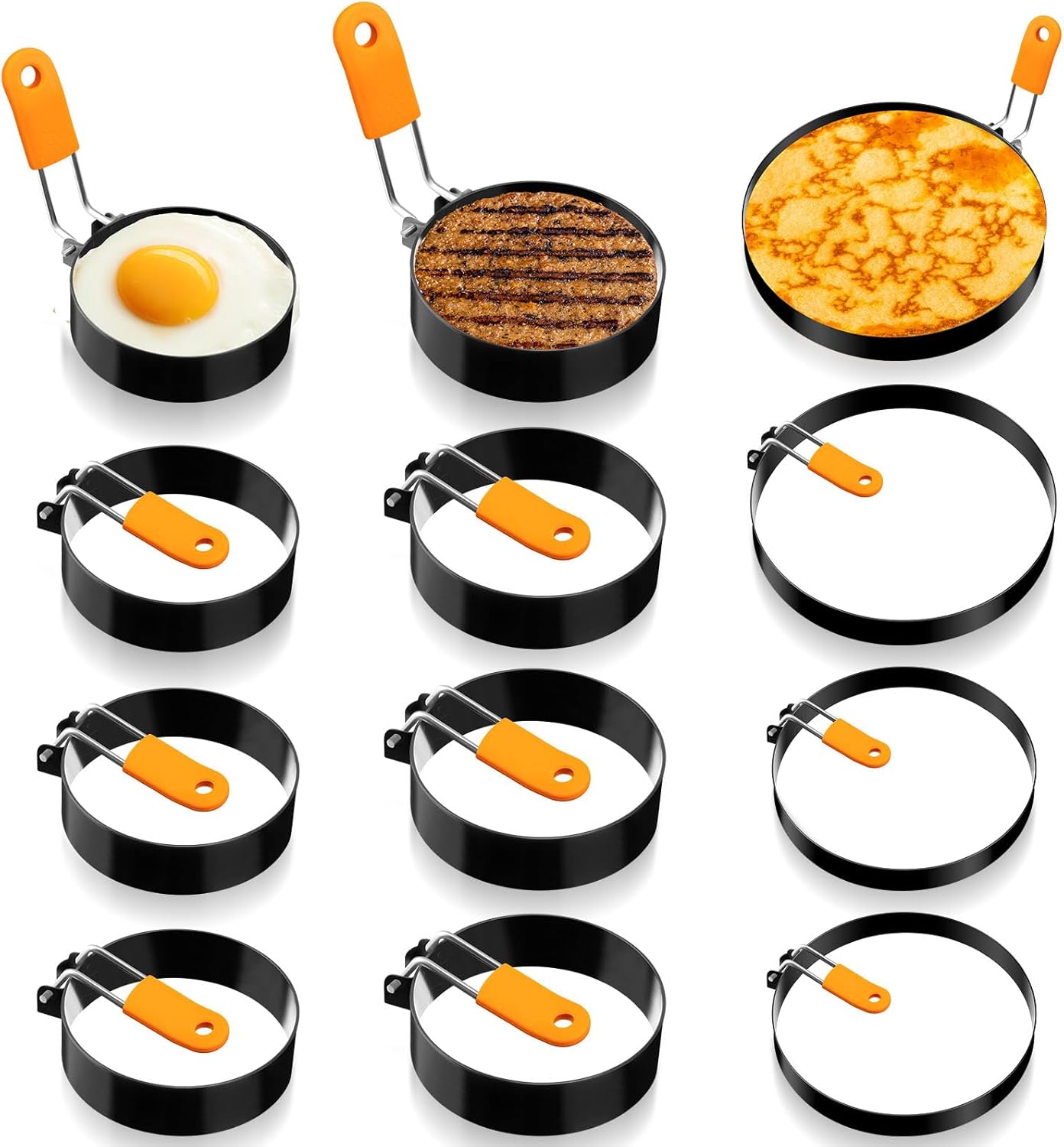 Yaomiao 12 Pcs Egg Rings for Frying Eggs Nonstick Pancake Mold Stainless Steel Egg Mold Portable Round Shaper with Handle for Cooking Griddle Camping Breakfast(3 Inch, 4 Inch, 6 Inch, 8 Inch)