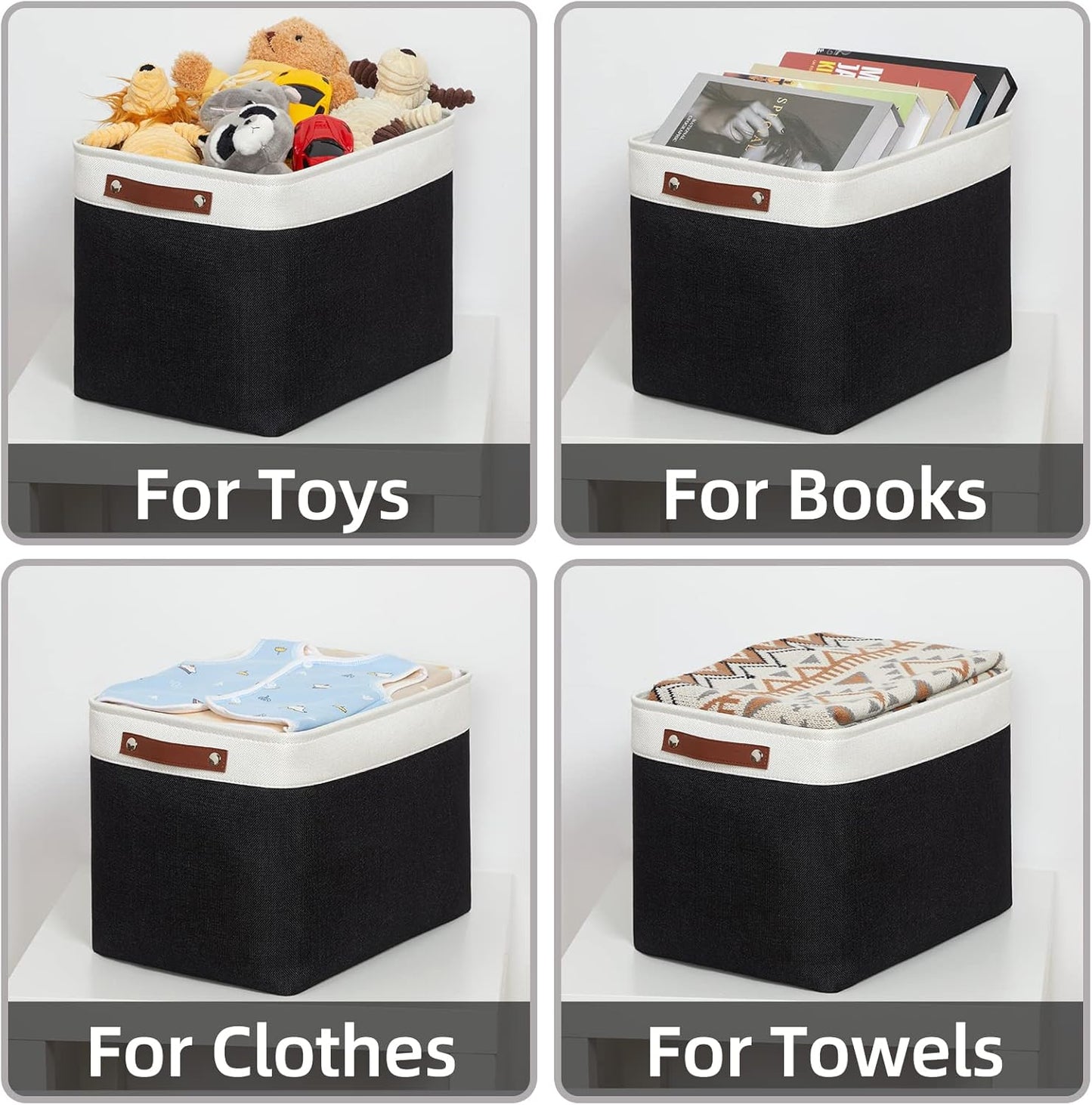 HNZIGE Decorative Organizer Baskets for Shelves 16"×11.8"×11.8" Large Storage Bins with Leather Handles (2 Pack) Foldable Storage Basket for Storage Bedroom, Balcony, Home, Laundry (Black&White)