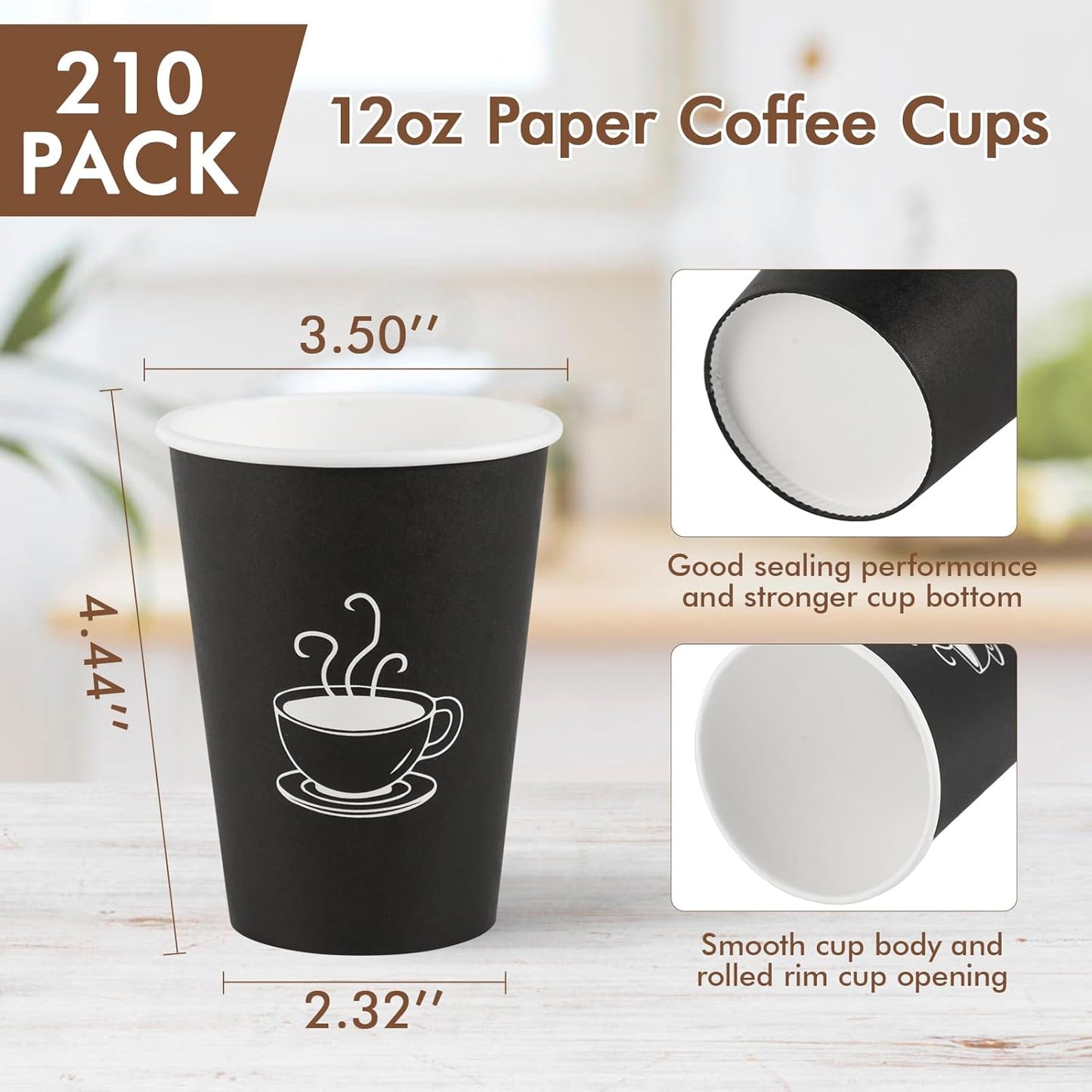 12 oz 210 Pack Paper Coffee Cups, Disposable Black Paper Cups for Hot Drinking, Water, Tea, Used for Cafes, Offices, and Events