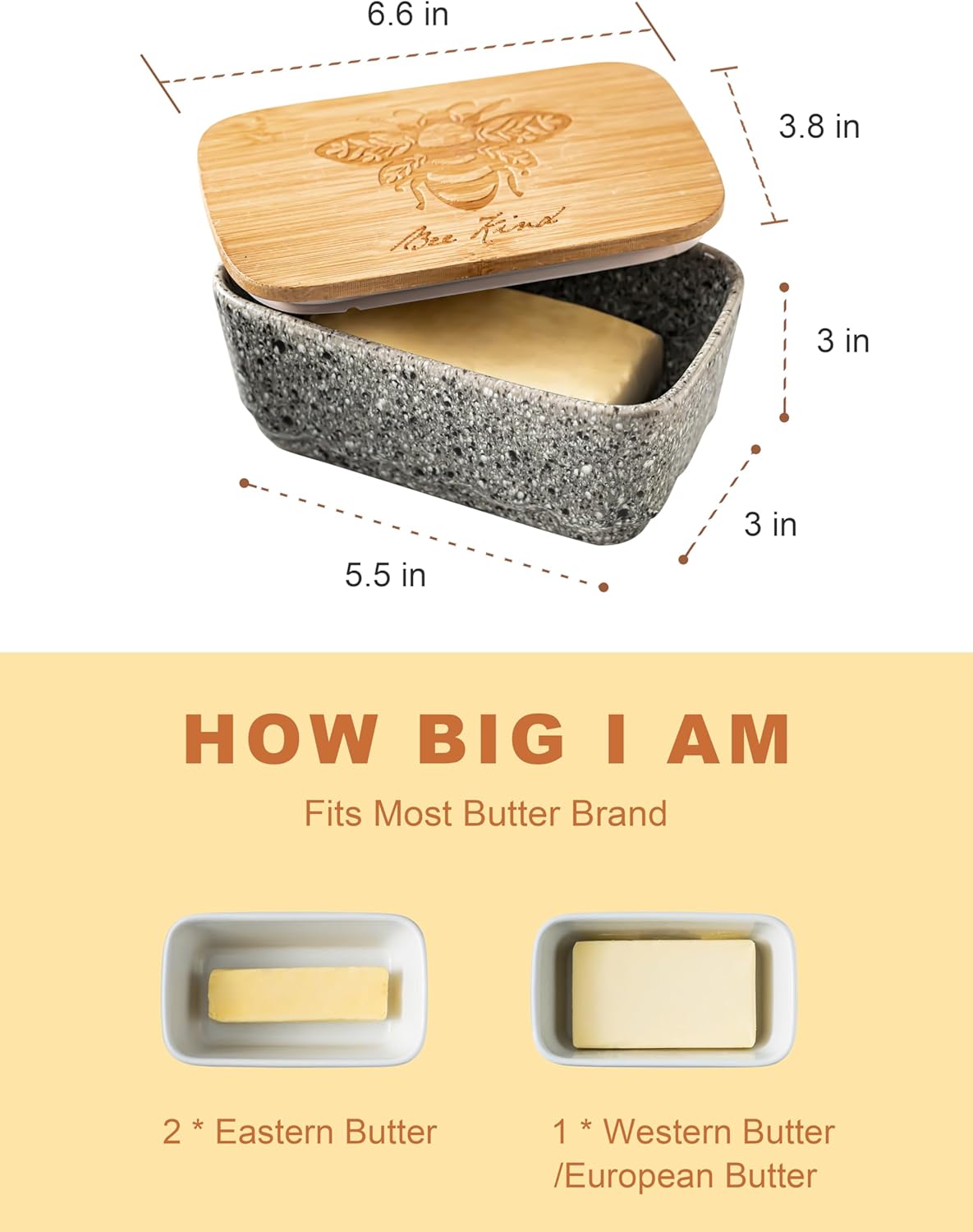 Ceramic Butter Dish with Lid, Covered Butter Dish for Countertop and Refrigerator, Large Butter Keeper Holder with Airtight Seal, HoneyBee Kitchen Decor, Gray