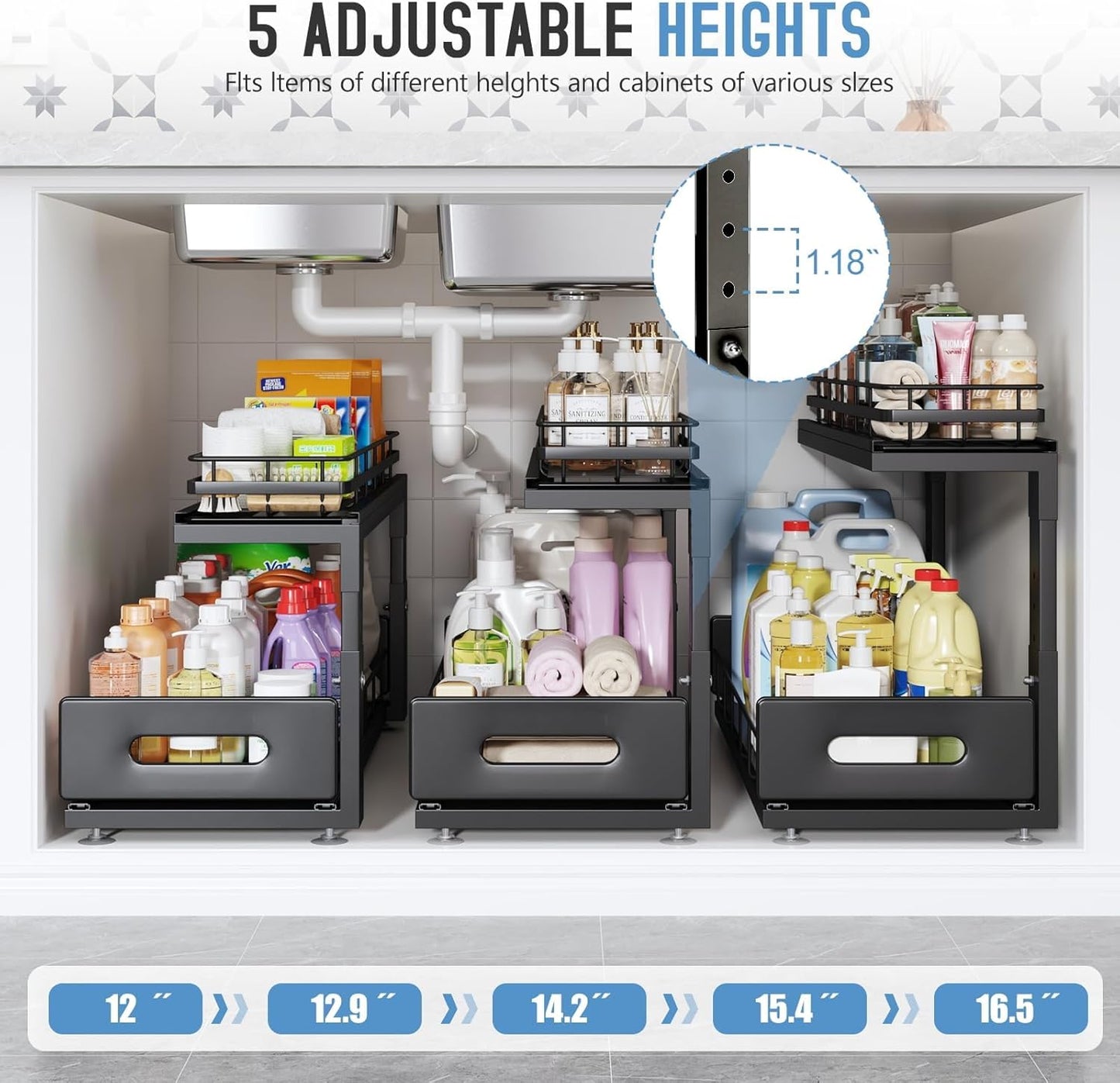 2 Pack 21 IN Depth Pull Out Cabinet Storage With Smooth Rails,2-Tier Dual Pull Out Cabinet Storage For Bathroom Kitchen,Under Sink Shelf-Black