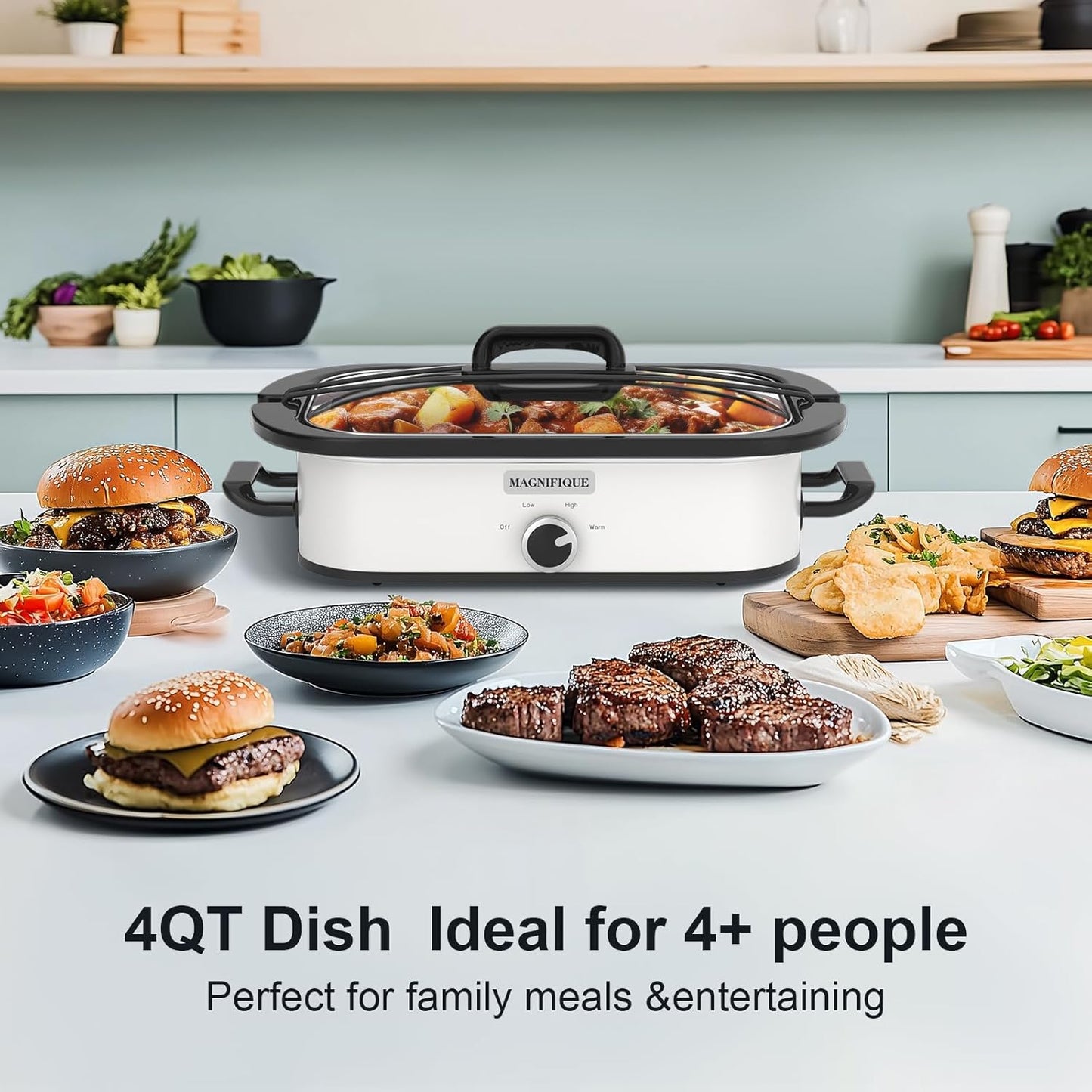 Magnifique 4-Quart Slow Cooker with Casserole Manual Warm Setting - Perfect Kitchen Small Appliance for Family Dinners, Dishwasher Safe Crock, White