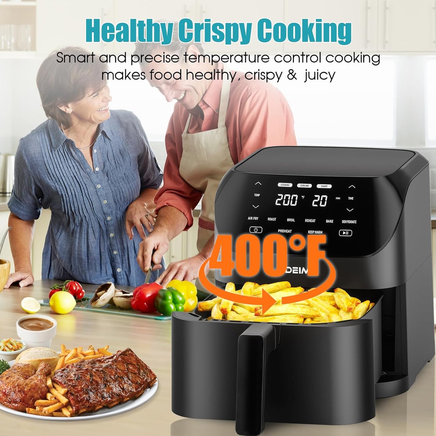 Air Fryer 6.2 QT Large Capacity Oilless Hot Air Fryers Oven 1500W Healthy Cooker with 8 Presets, Digital LCD Touch Screen, Visual Cooking Window, Non-Stick Basket, Included Recipe (Black-M)