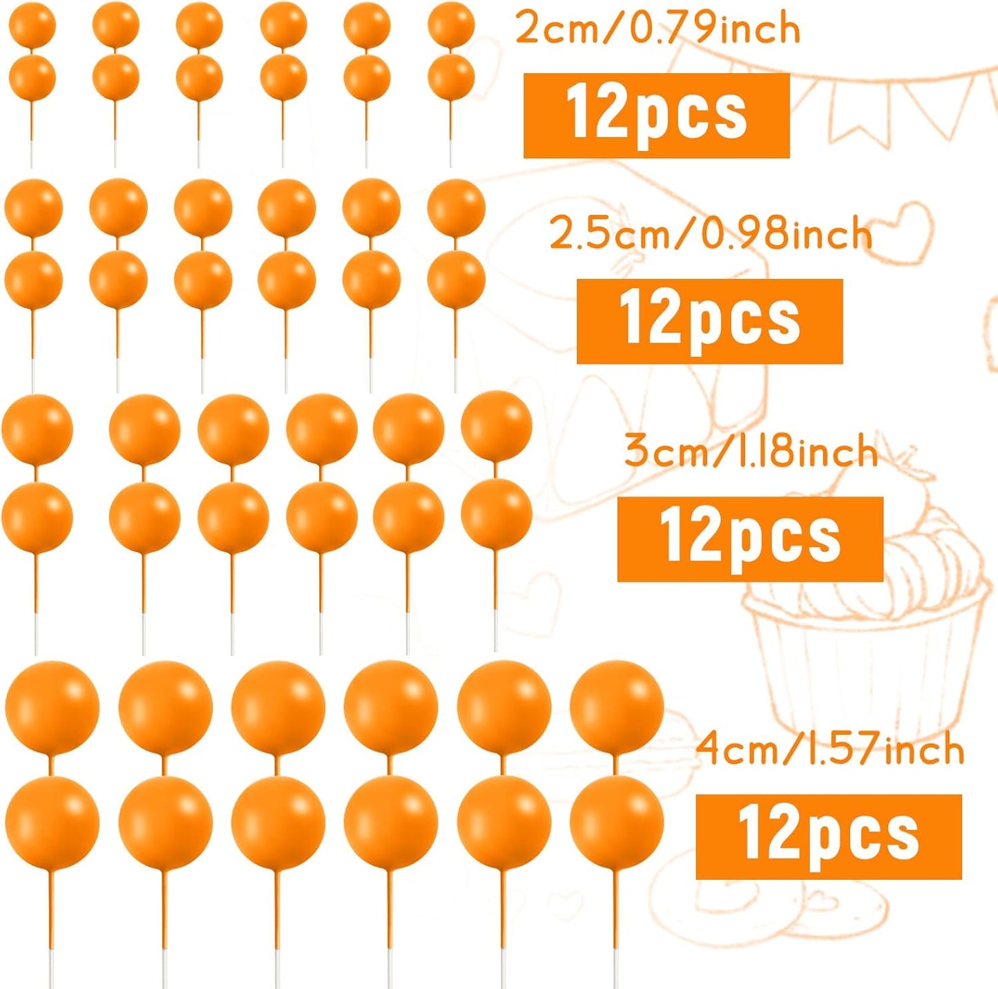 48 Pcs Orange Balls Cake Topper Decorations Balloon Cupcake Toppers Foam Cake Topper Balls for Thanksgiving Halloween Birthday Party Wedding Anniversary Cake Decorating