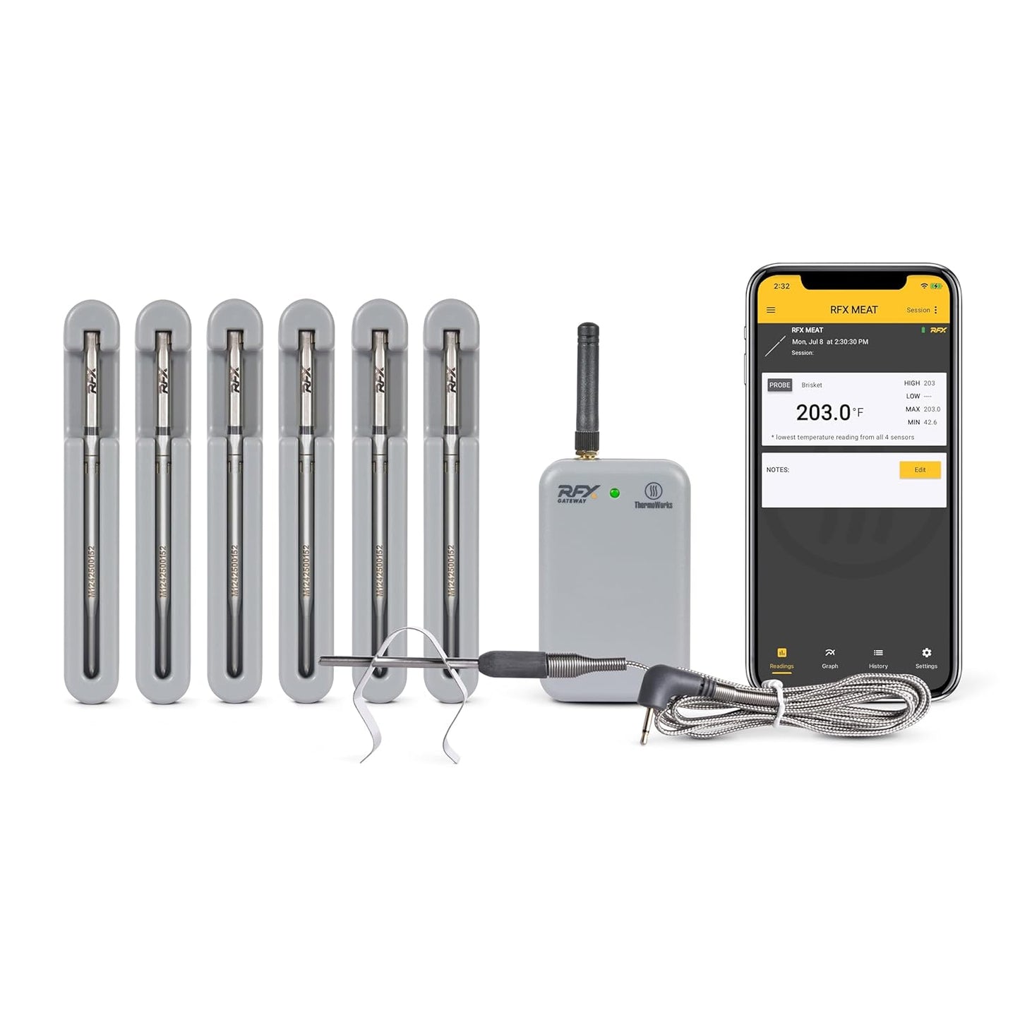 RFX | Smart Wireless Meat Thermometer | Wi-Fi & Radio Frequency | Stronger Signal Than Bluetooth | Meat Probe for Use in Smoker, Grill, BBQ, Oven - 6-Probe Kit