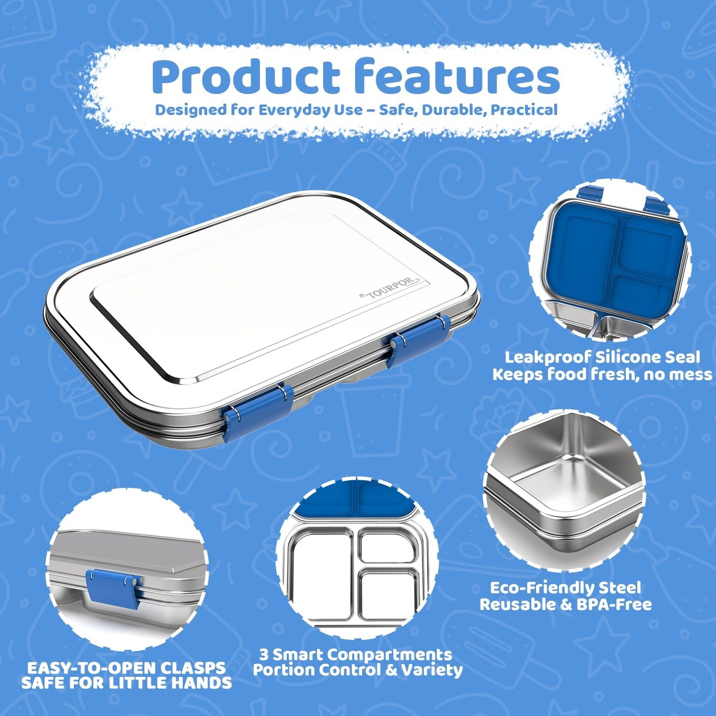 Stainless Steel Lunch Box 1000ml - 3 Compartment Bento Box for Kids & Adults, Leakproof Food Container, BPA-Free Metal Lunch Box with Silicone Seal, Eco-Friendly/Dishwasher Safe (Blue)