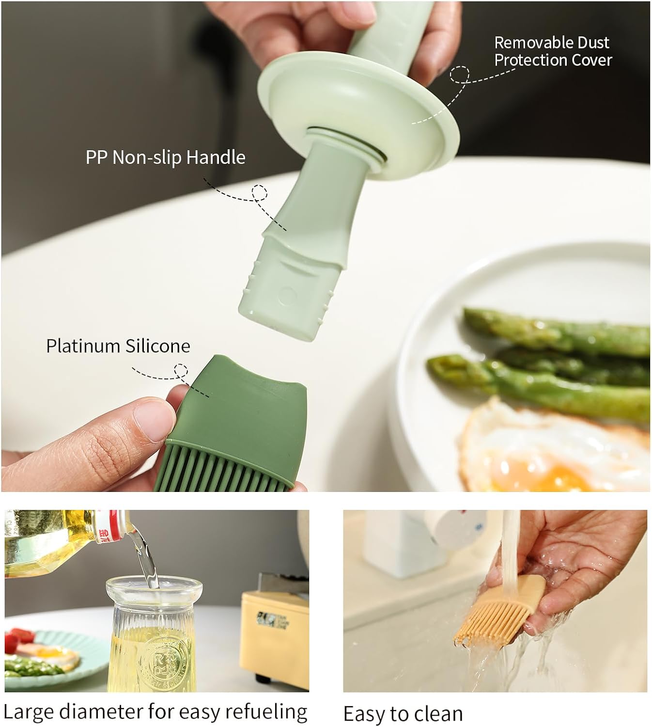 Oil Dispenser with Brush - Glass Olive Oil Dispenser for Kitchen, 3 IN 1 Oil Dispenser Bottle with Silicone Basting Brush for Cooking Vinegar Sauce BBQ Grill Frying (Green)