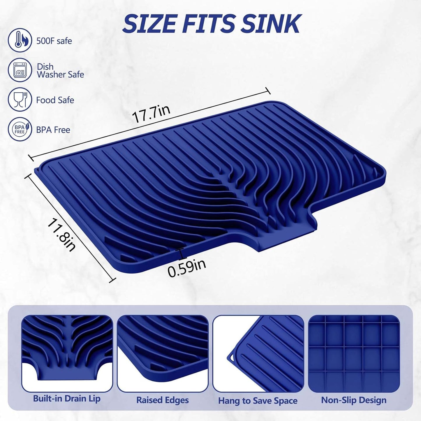 Silicone Dish Drying Mat for Kitchen Counter with Built-in Drain, Easy Clean Pad for Countertop Protection, Fast Self-Draining Slope, Non-Slip, Multiple Use 17.7 x 11.8 Inch (Midnight Blue)