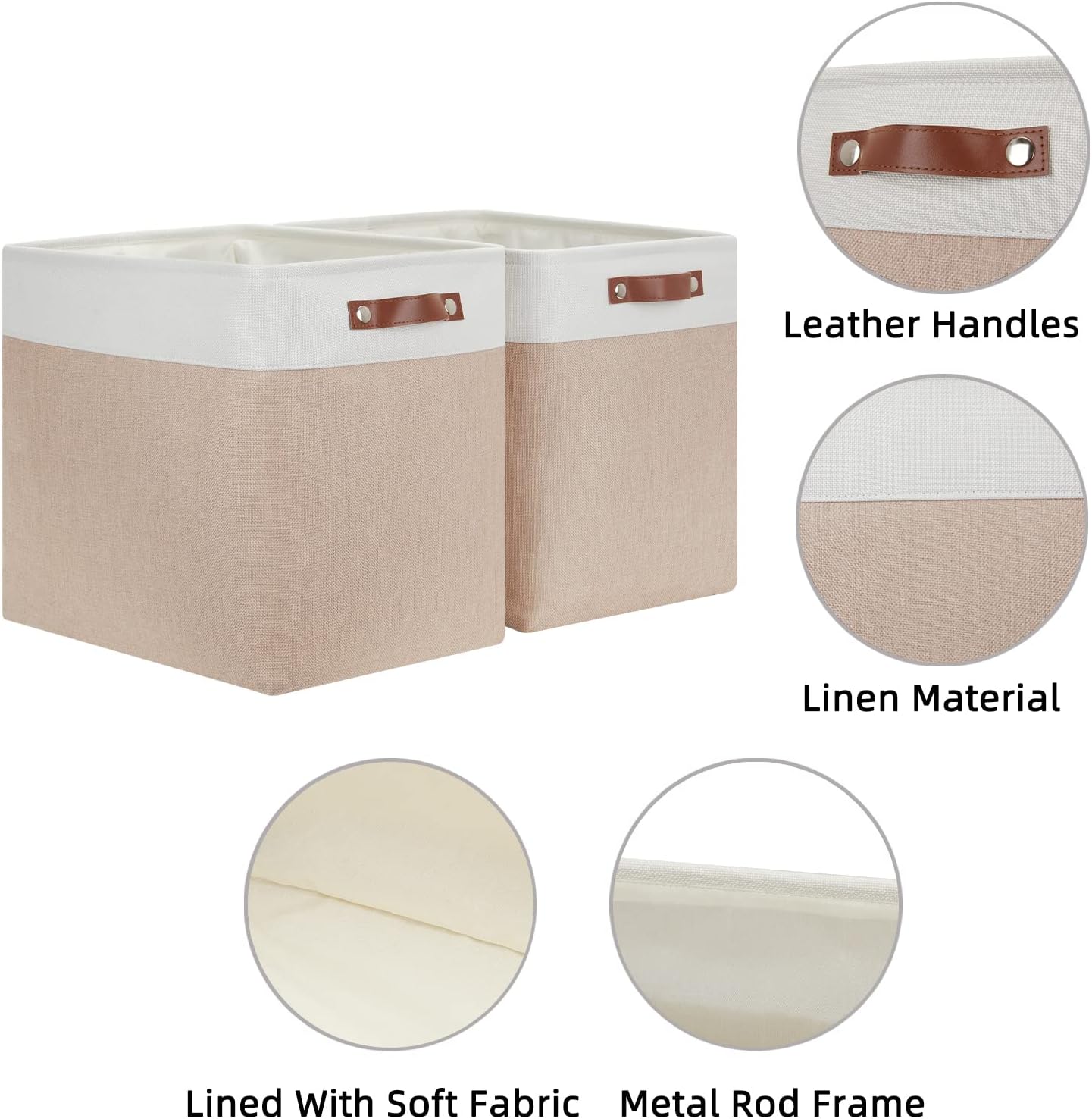 HNZIGE Large Fabric Storage Basket for Shelves, Rectangular Storage Bins Baskets for Storage, Canvas Collapsible Storage Bins with Handles for Organizing Home, Closet(White Beige)