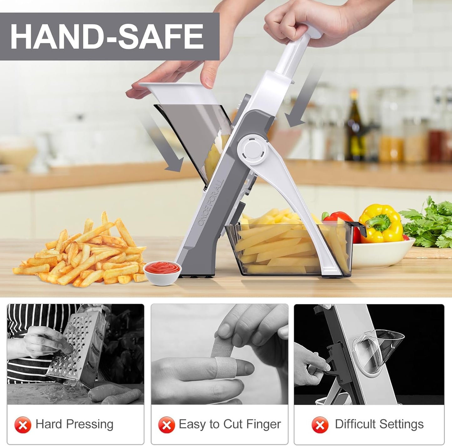 Safe Mandoline Slicer for Kitchen, Meal Prep, Potato Slicer, Adjustable/Easy to Clean/Storage, Kitchen Chopping Artifact, French Fry Cutter, Paring Knife/Cleaning Brush (only Slice, LightGray)