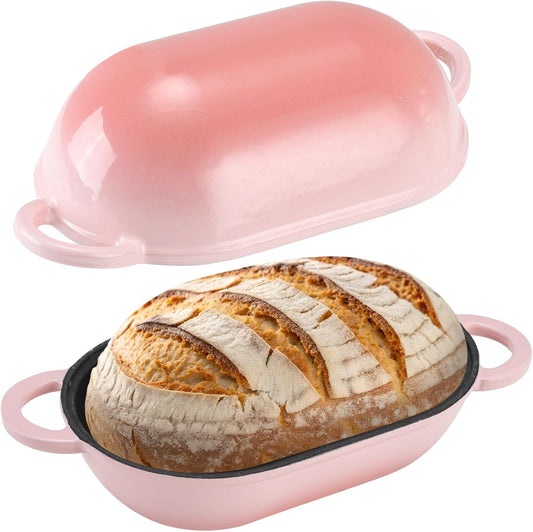 Enameled Cast Iron Bread Oven, 5QT Loaf Cast Iron Bread Pan with Lid, Oval Dutch Oven for Homemade Bread Baking (Gradient Pink)