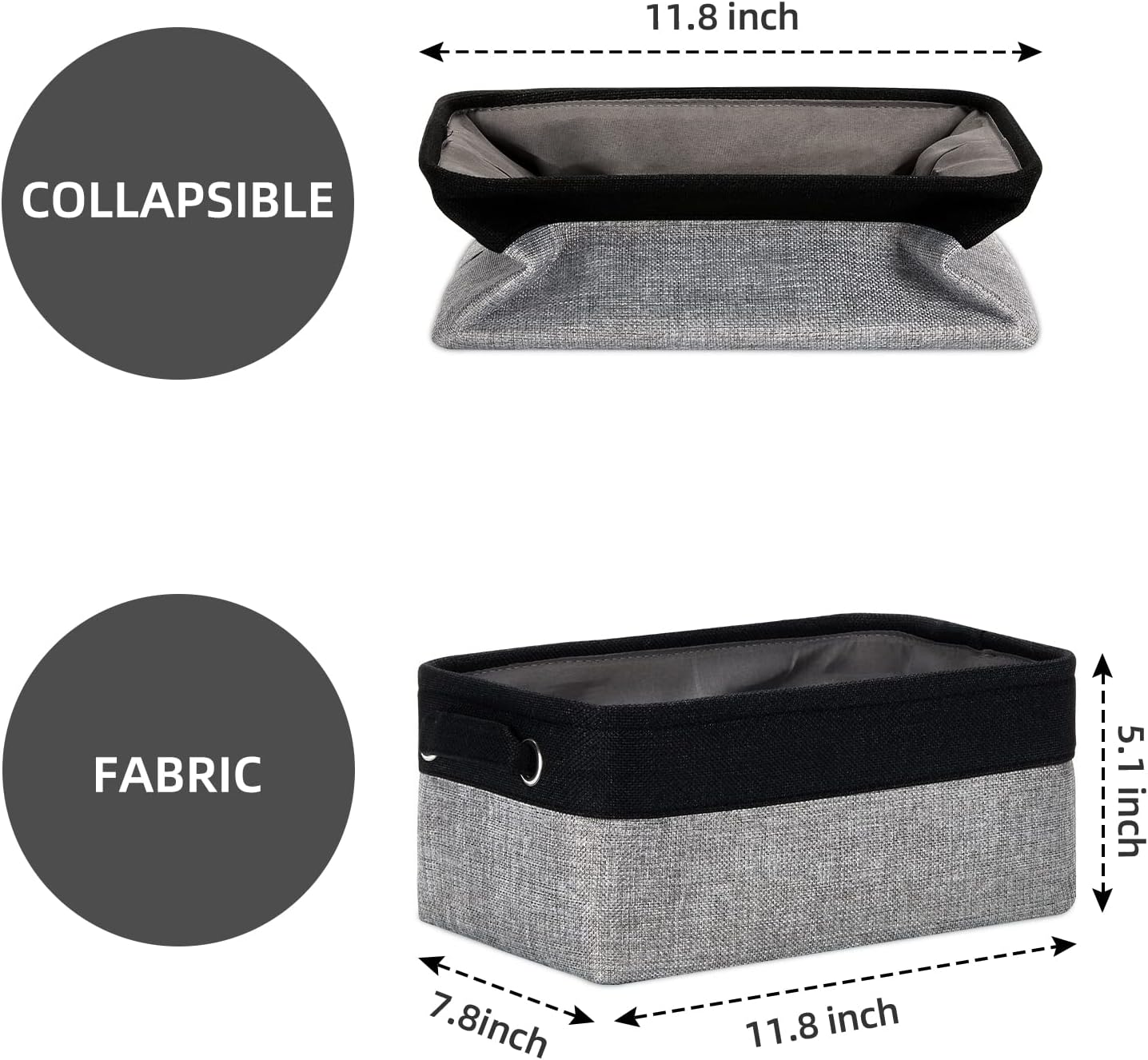 HNZIGE Storage Baskets for Storage Fabric Small Organizer Bins for Shelves,Collapsible Linen Baskets with Cloth Handles for Organizing Closet Nursery Home Shelves,Toy(Black&Gray,11.8" x 7.8" x 5.1")