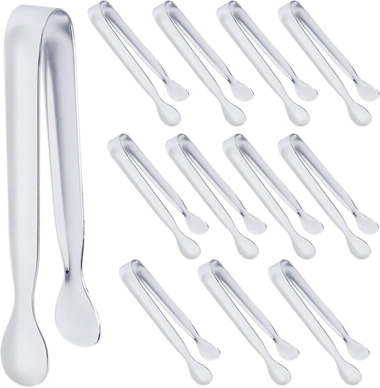 DUGATO 12 Pack Mini Serving Tongs (4.3 Inch Stainless Steel) - Small Appetizer, Sugar Cube & Ice Tongs for Tea Party, Coffee Bar, Buffets - Silver