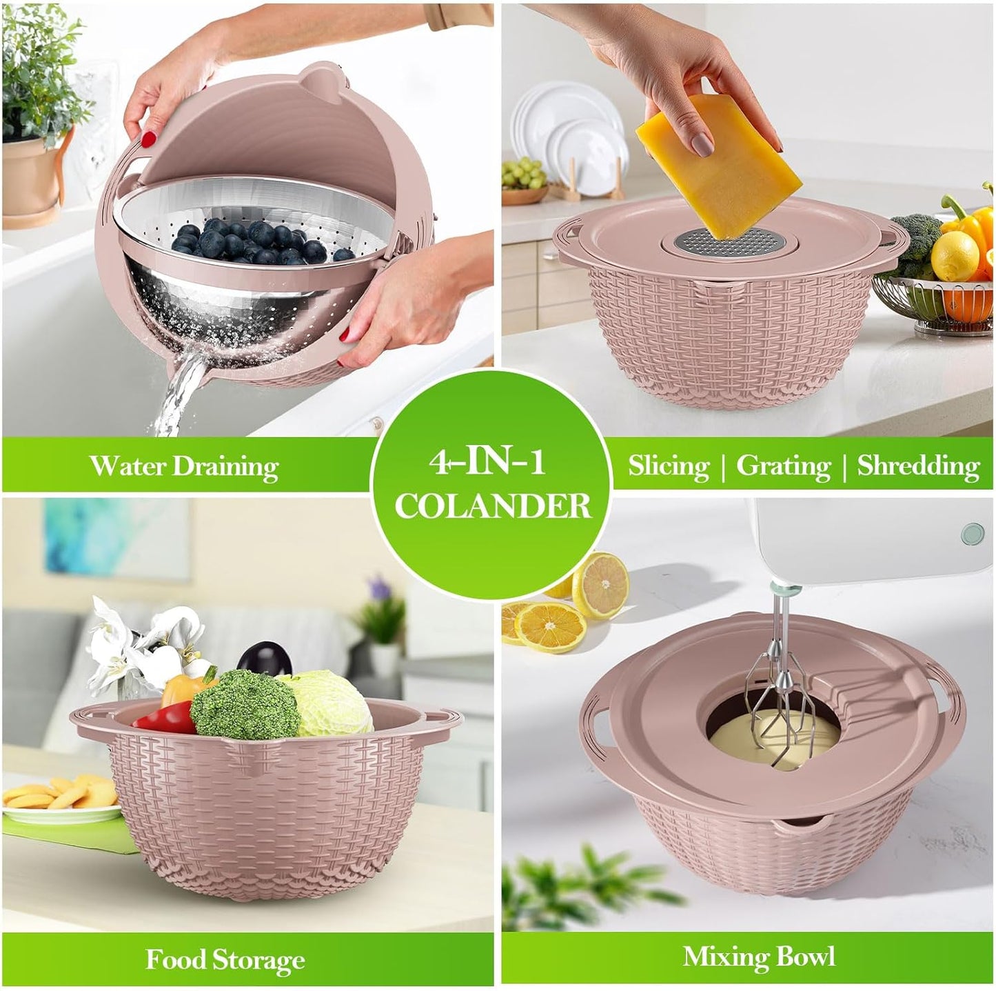 4-1 Strainer Bowl with Lid Set - Strainers and Colanders, Colander for Kitchen, Pasta Strainer, Fruit Cleaner, Veggie Wash, Funny Kitchen Present, Fruit Washing Bowl, Cooking Present for Women - Pink