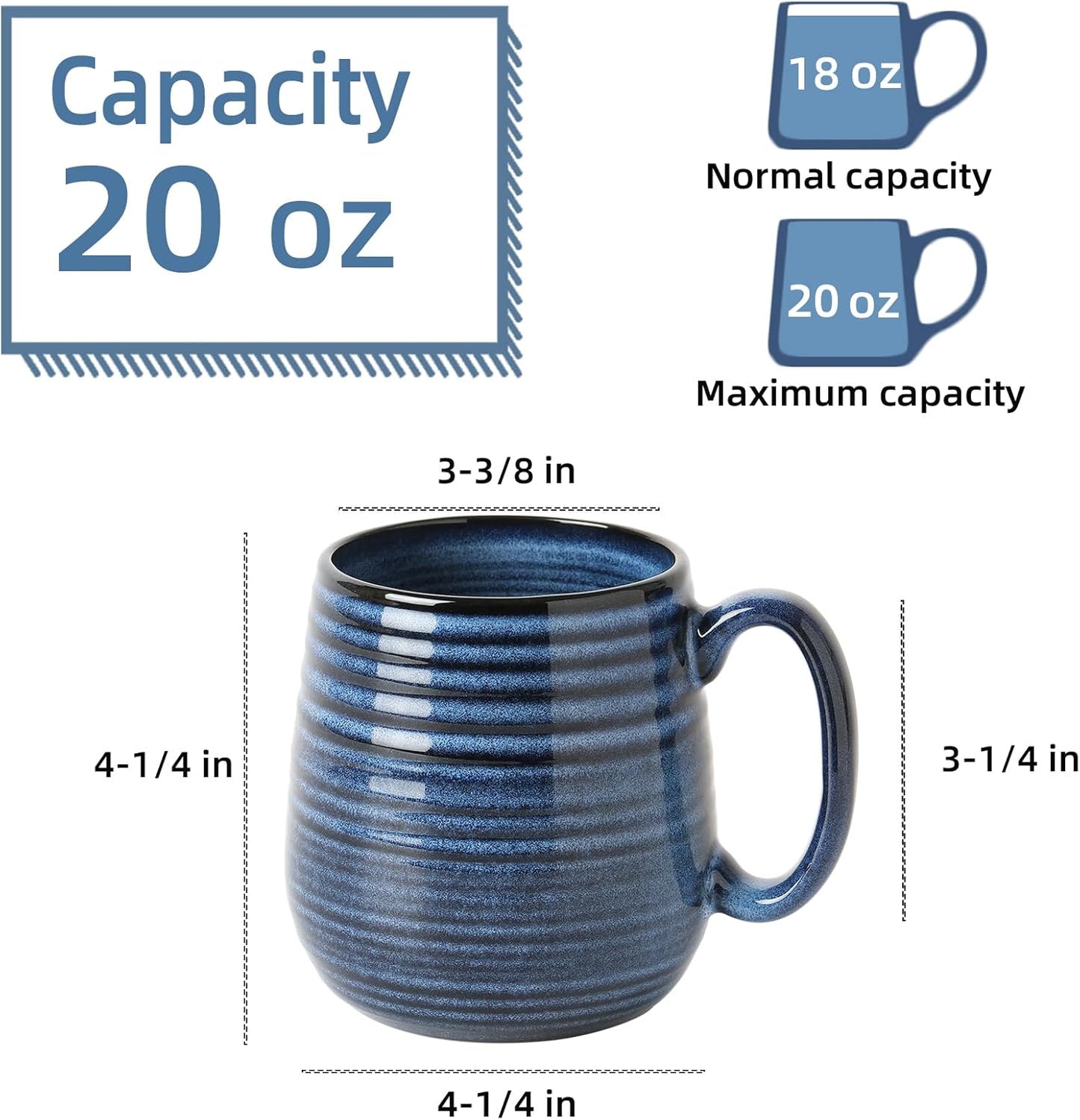 20 oz Large Ceramic Coffee Mug, Coffee Mugs for Women and Men, Big Tea Cups, Large Handle Handmade Pottery Mug for Office and Home, Microwave and Diahwasher Safe (Blue with Stripes, 1PCS)