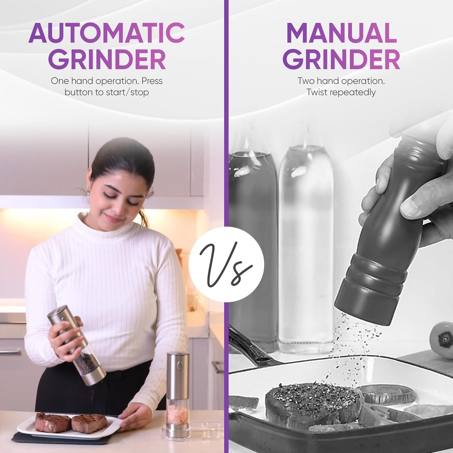 Electric Salt and Pepper Grinder Set-Rechargeable USB Large Capacity Stainless Steel Mills with Ceramic Core, LED Light, Adjustable Coarseness, One-Handed Operation -Set of 2