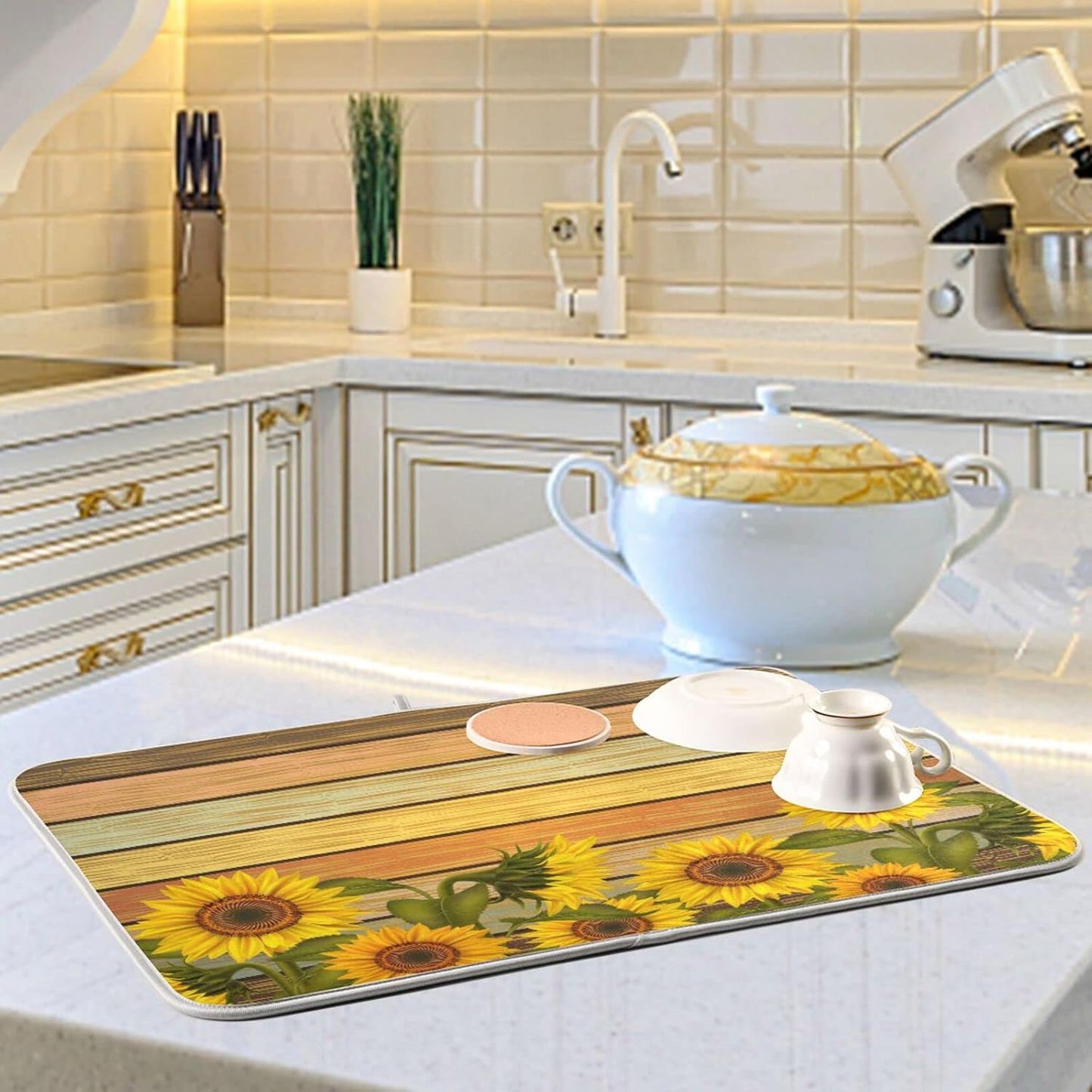 Super Absorbent Dish Drying Mat, Microfiber Fast-Drying Dish Mat, 16" x 18", Kitchen Dish Drying Pad, Sunflower On Wooden Board Vintage